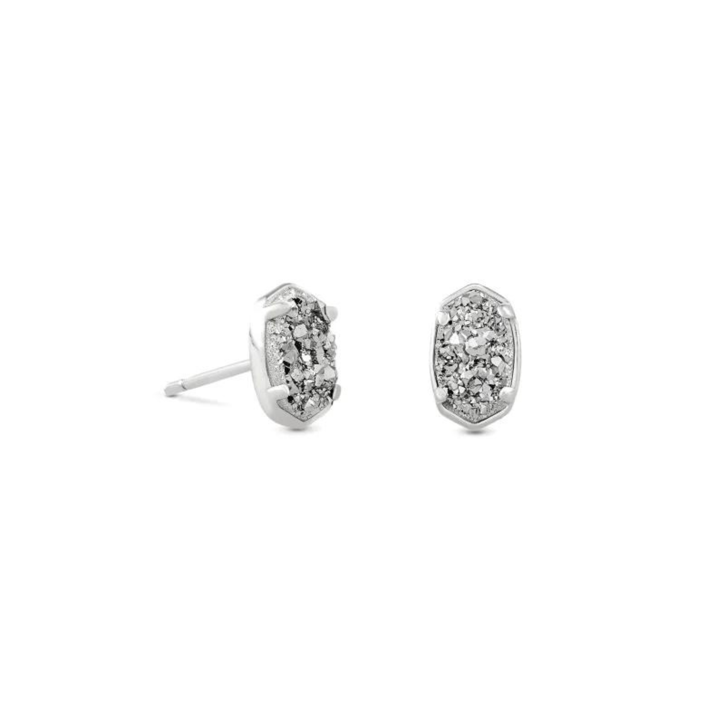 Silver, oval stud earrings with a platinum drusy stone. These earrings are pictured on a white background. 