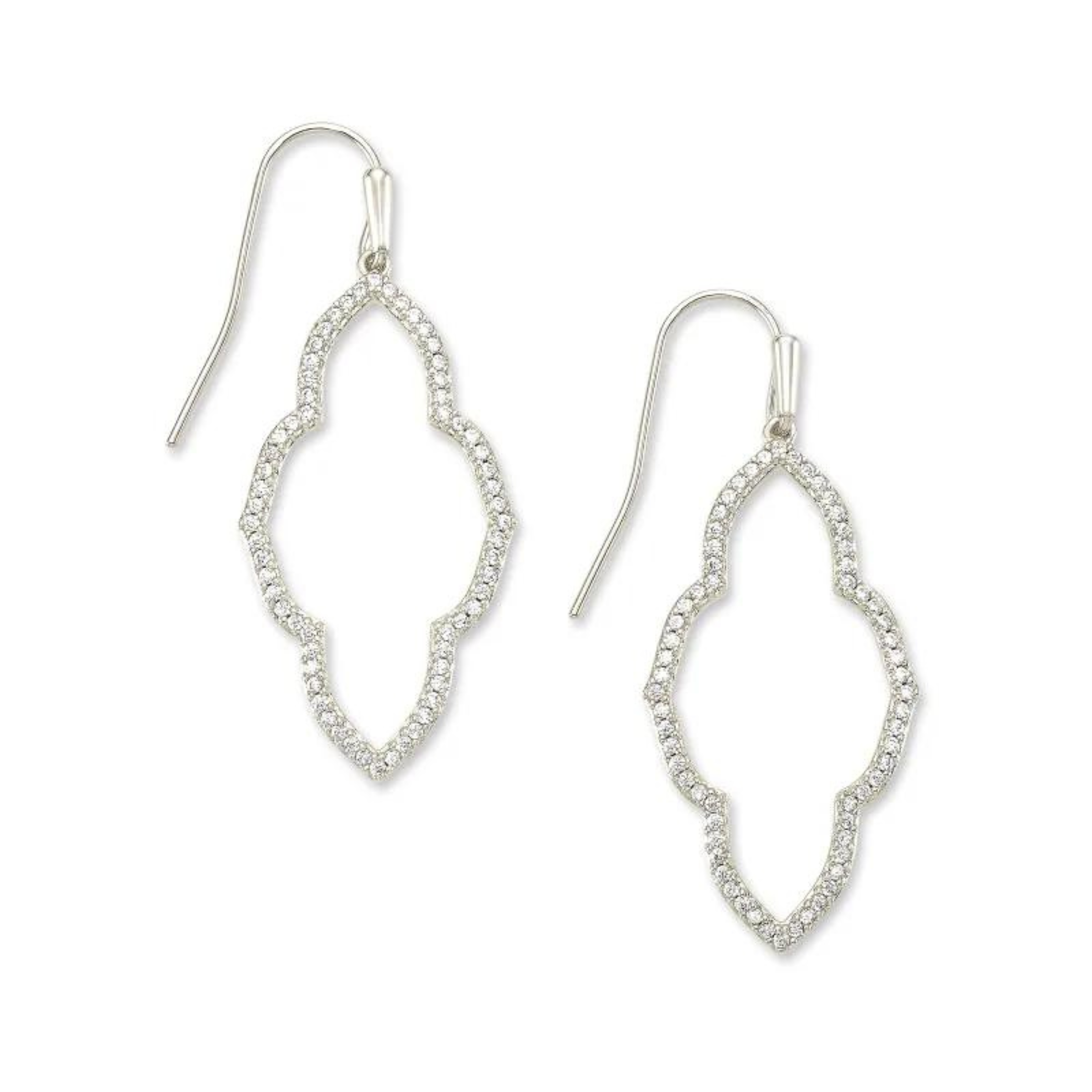 Silver open drop earrings with white crystals. These earrings are pictured on a white background. 
