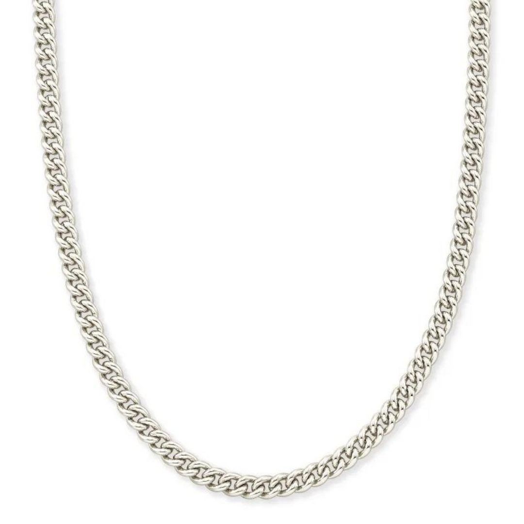 Silver chain necklace pictured on a white background. 