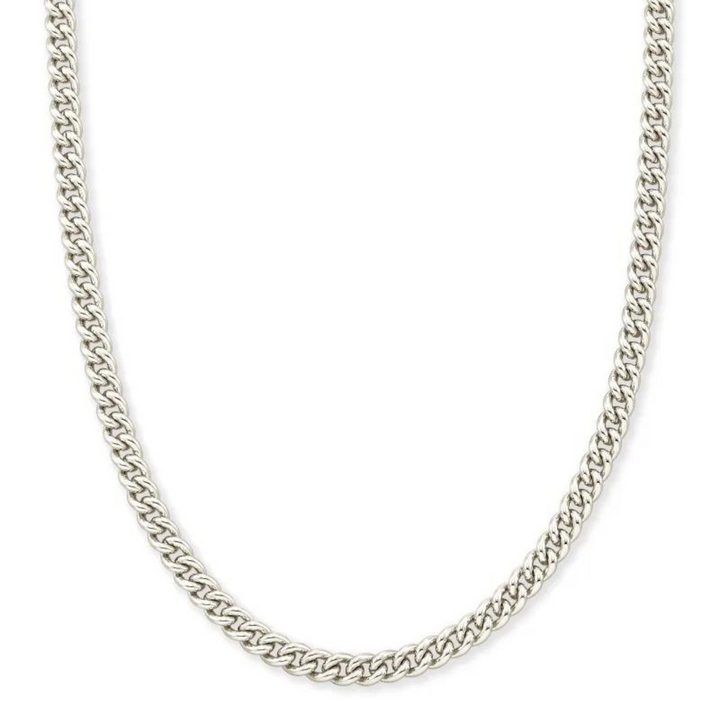 Silver chain necklace pictured on a white background. 