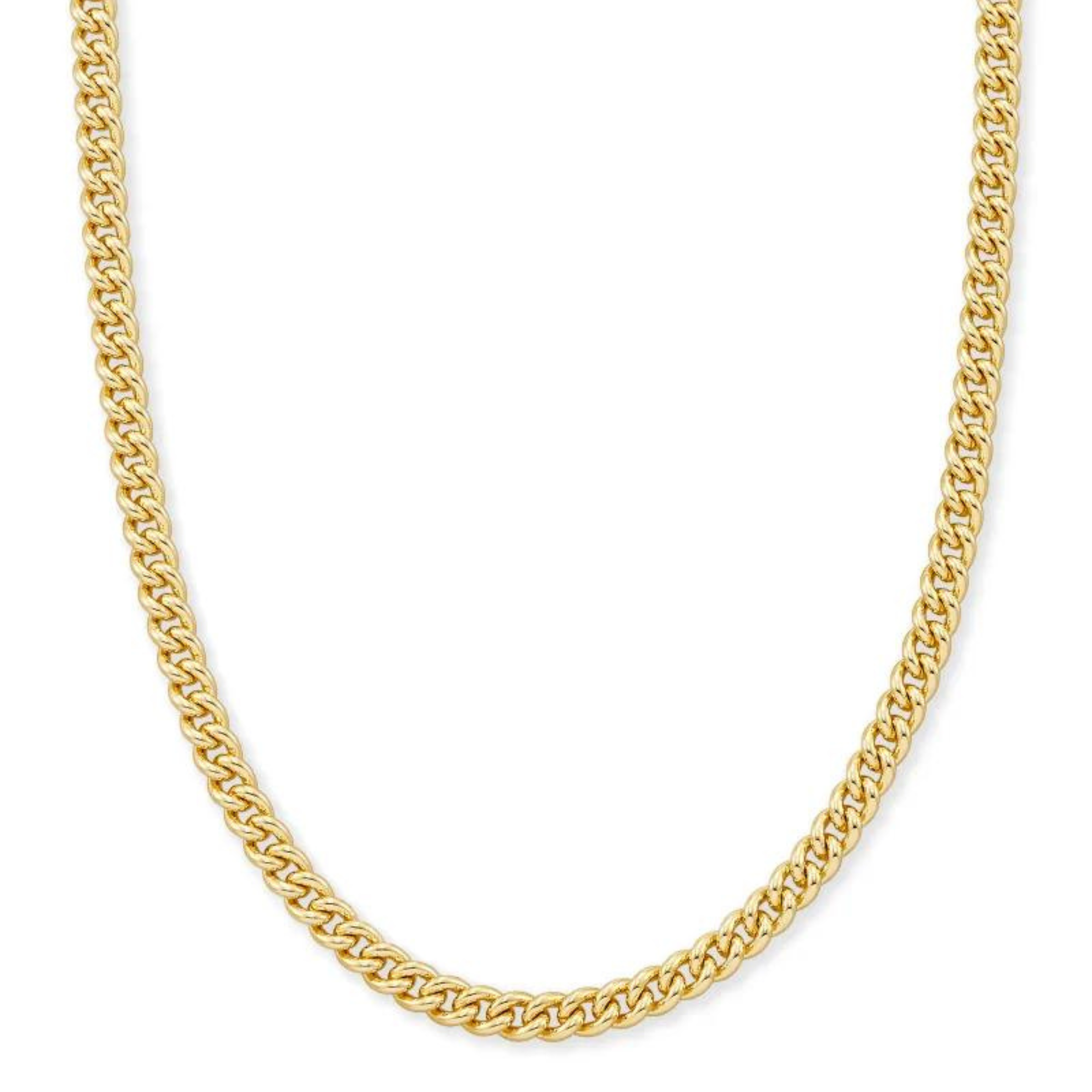 Gold chain necklace pictured on a white background. 