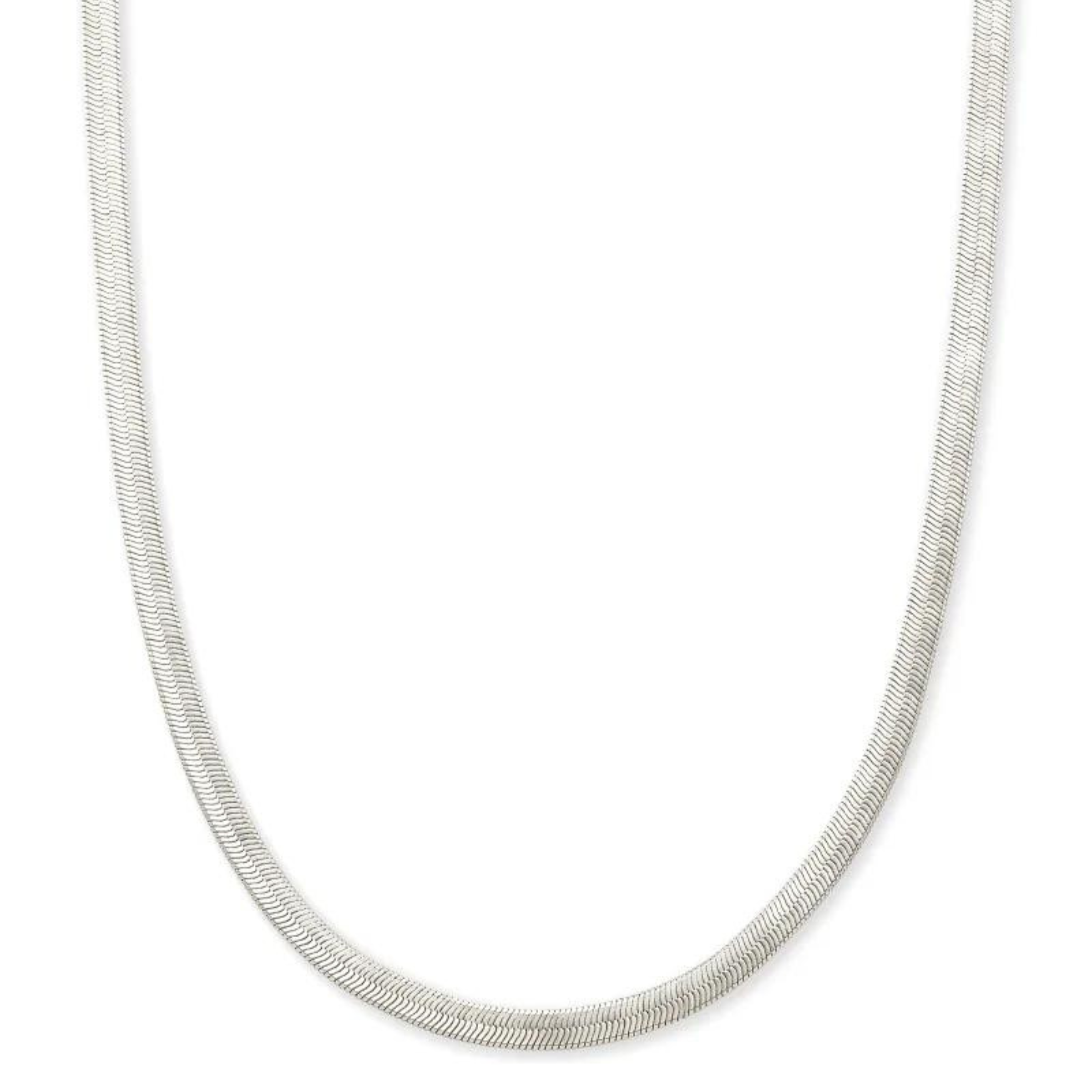 Silver herringbone chain necklace pictured on a white background. 