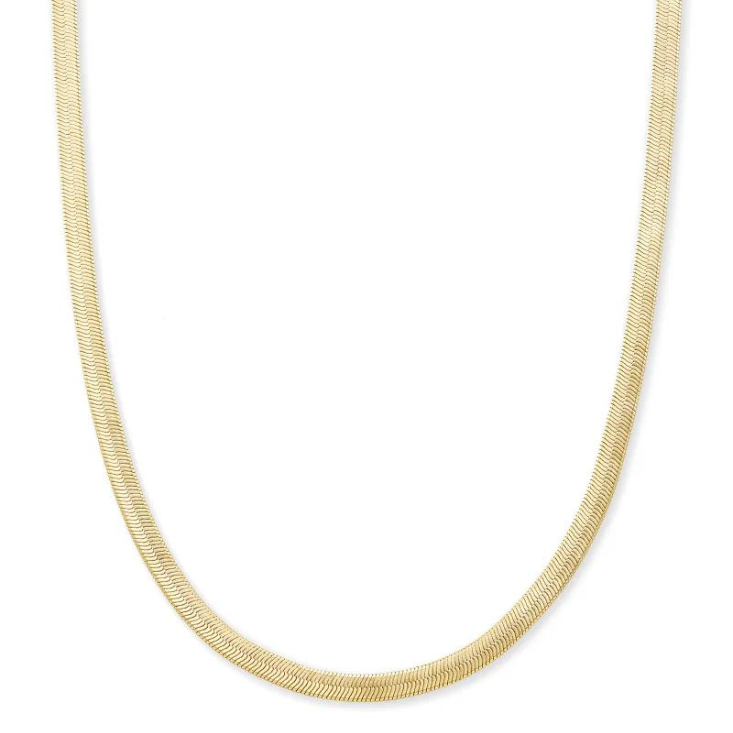 Gold herringbone chain necklace pictured on a white background. 