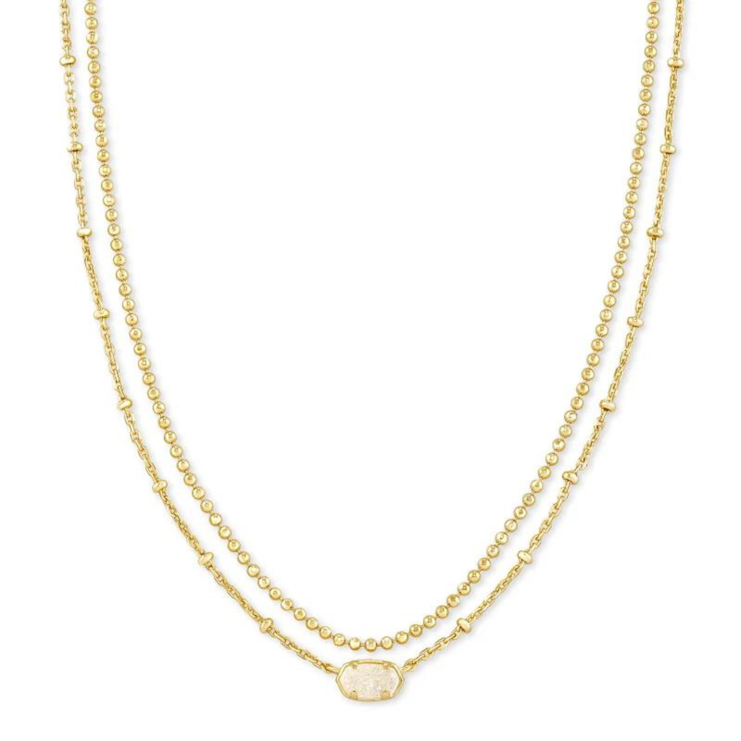 Thin, double gold necklace with small, oval drusy pendant pictured on a white background. 