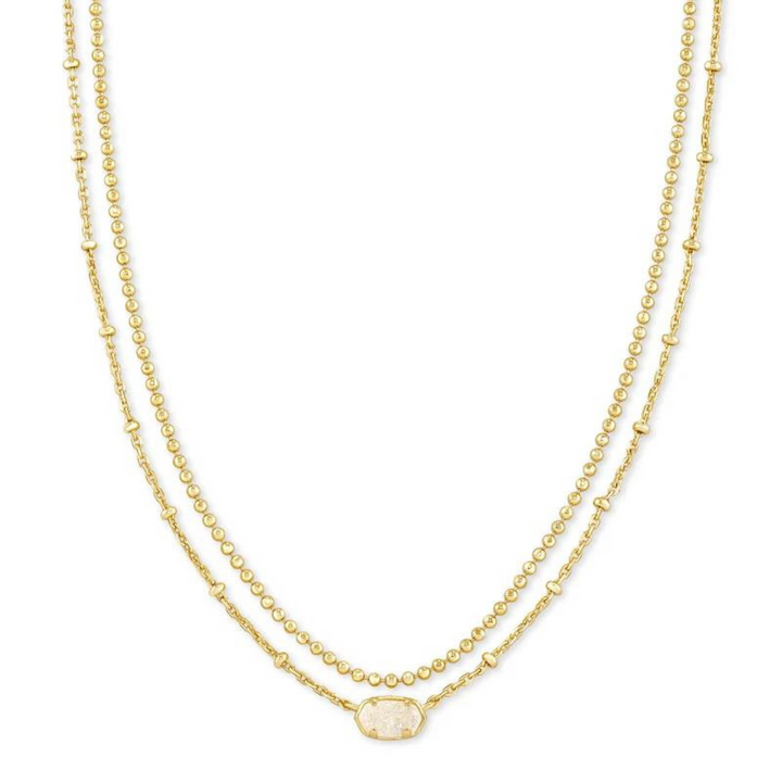 Thin, double gold necklace with small, oval drusy pendant pictured on a white background. 