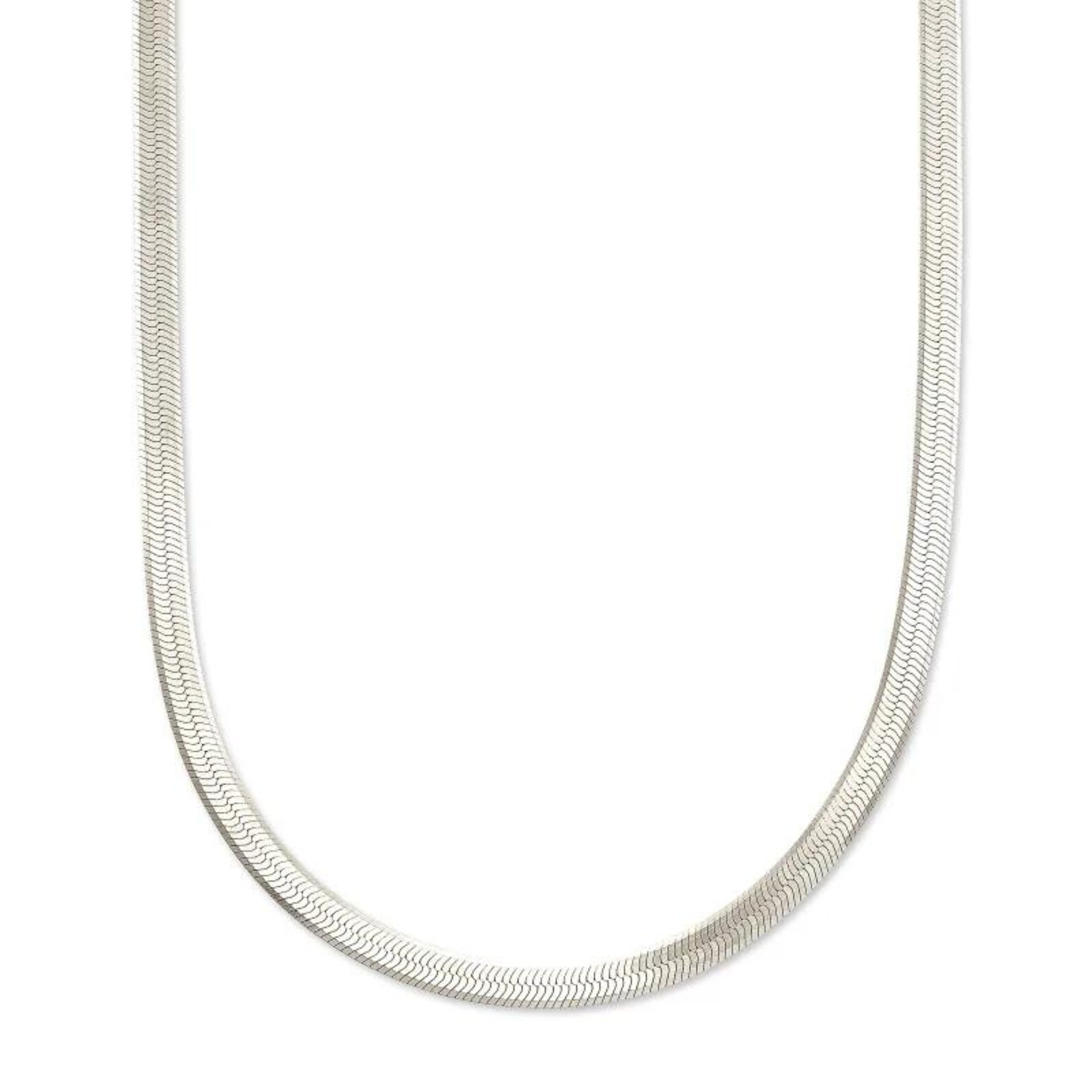 Silver, herringbone chain necklace pictured on a white background. 