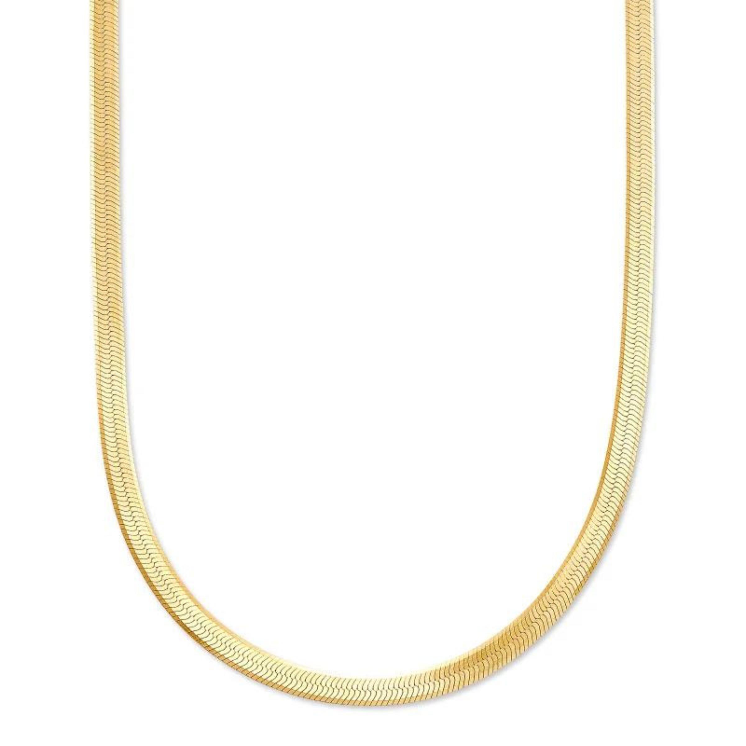 Gold, herringbone chain necklace pictured on a white background. 