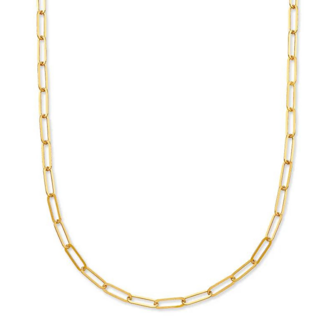 Gold, paperclip chain necklace pictured on a white background.