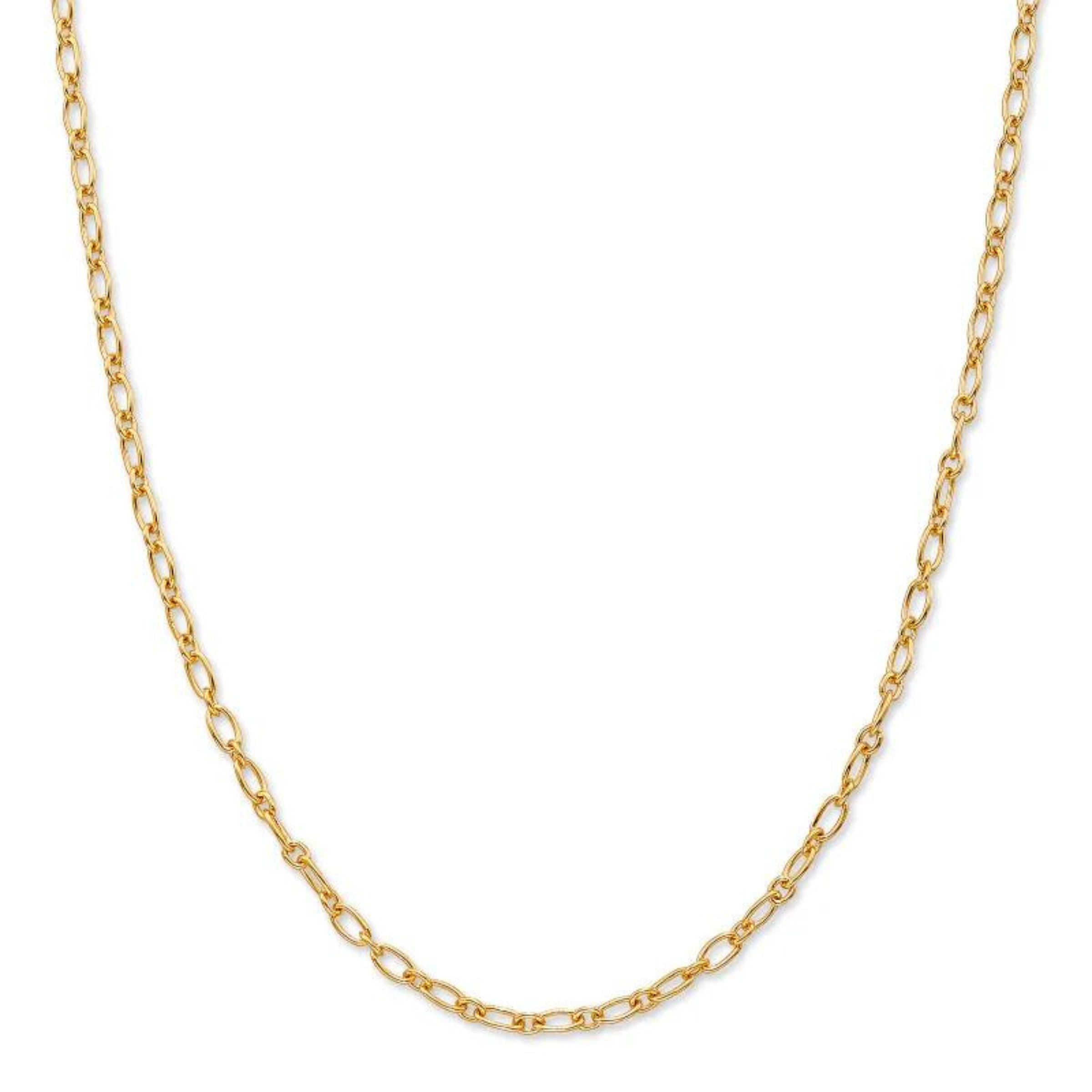 Gold, rolo chain necklace pictured on a white background.