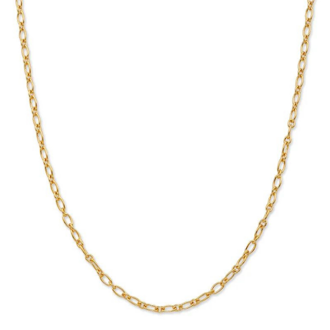 Gold, rolo chain necklace pictured on a white background.