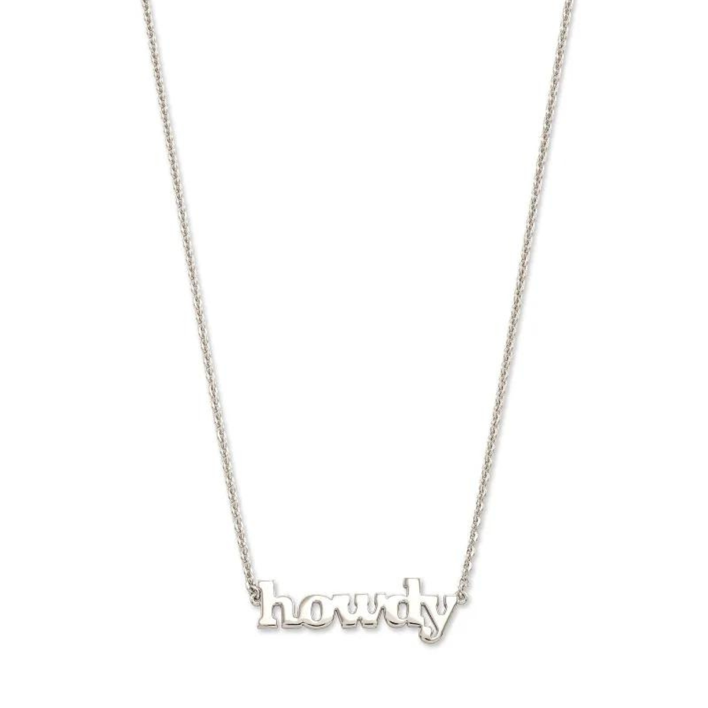Silver chain necklace with silver "HOWDY" pendant pictured on a white background. 