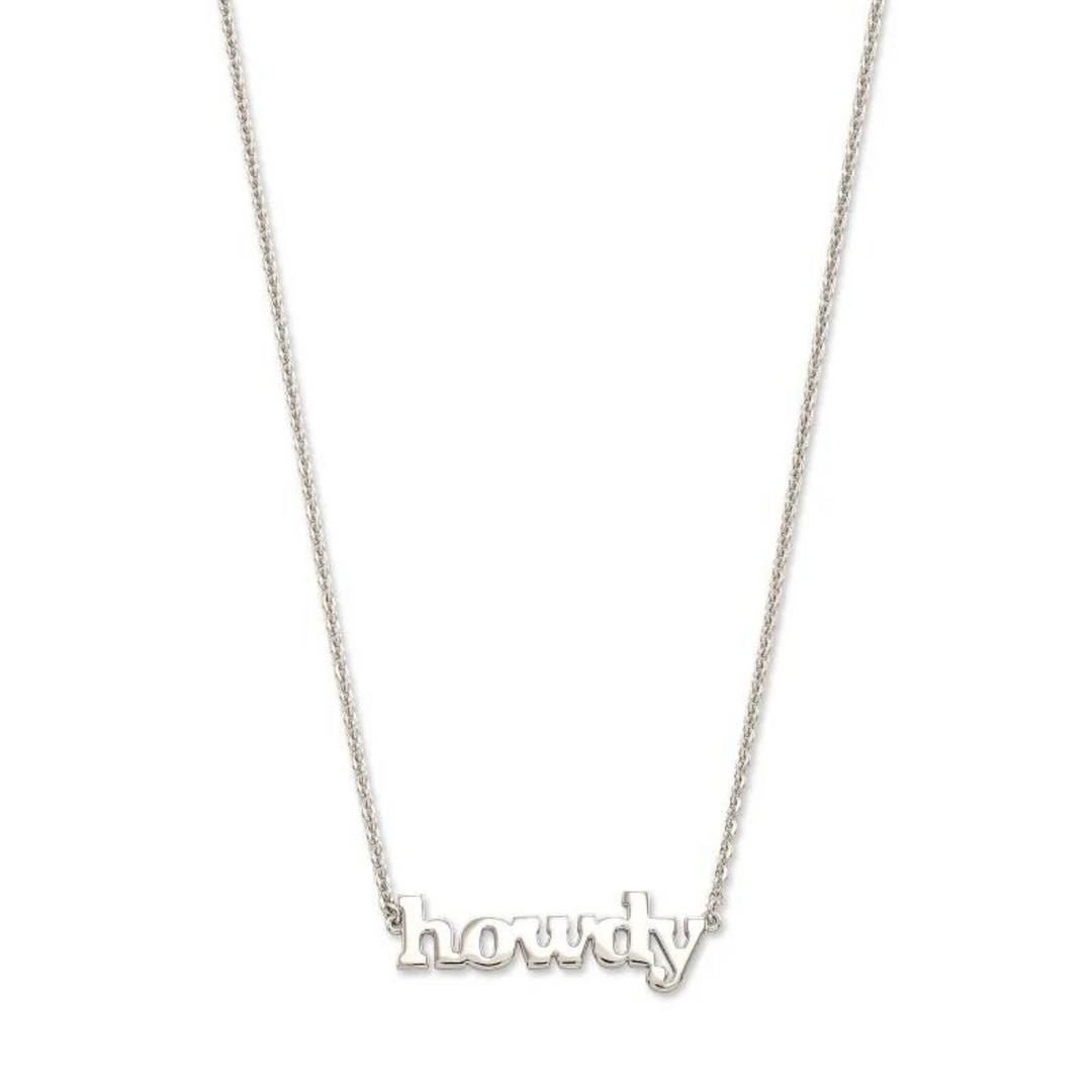 Silver chain necklace with silver "HOWDY" pendant pictured on a white background. 