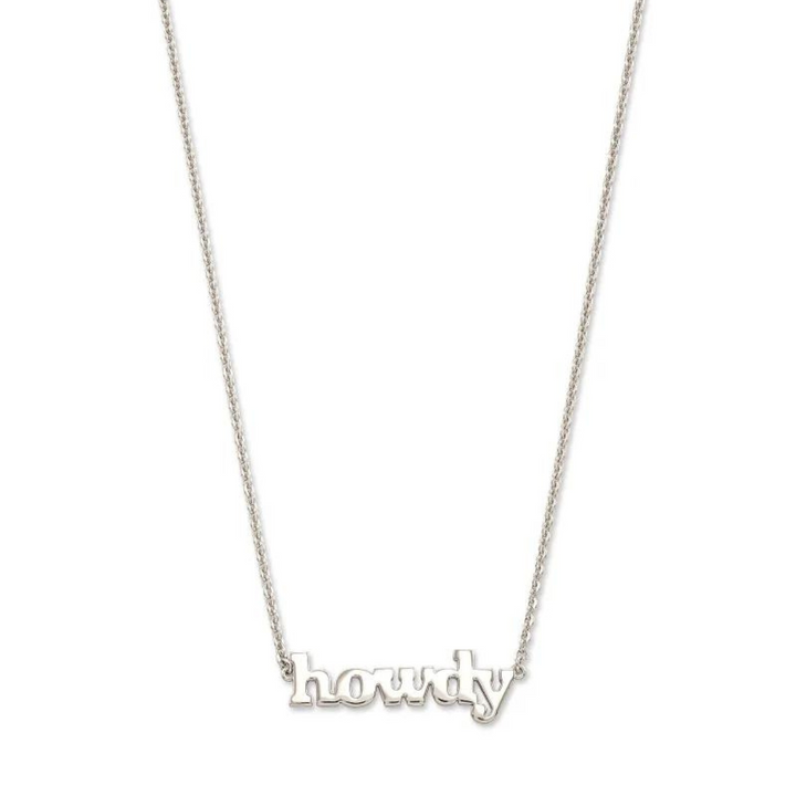 Silver chain necklace with silver "HOWDY" pendant pictured on a white background. 
