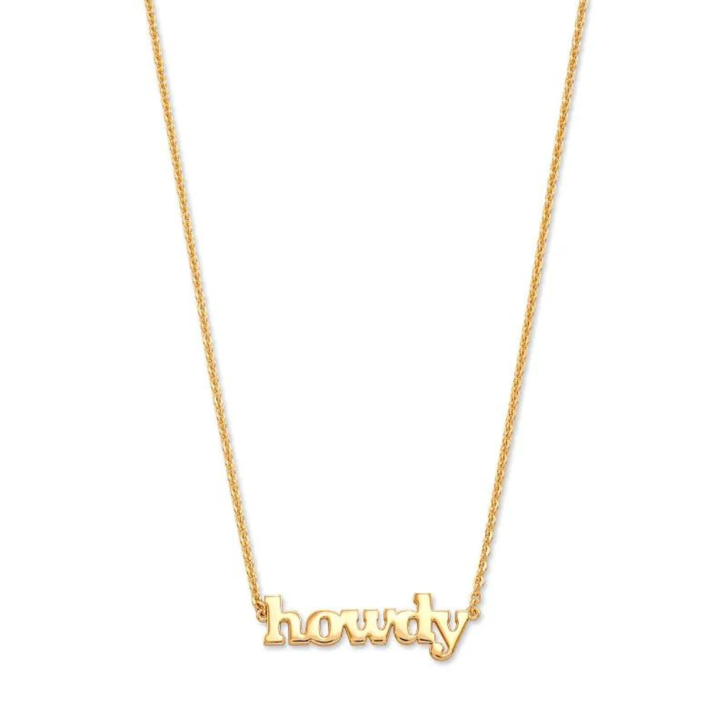 Gold chain necklace with gold "HOWDY" pendant pictured on a white background. 