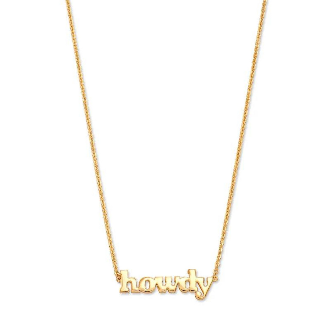 Gold chain necklace with gold "HOWDY" pendant pictured on a white background. 