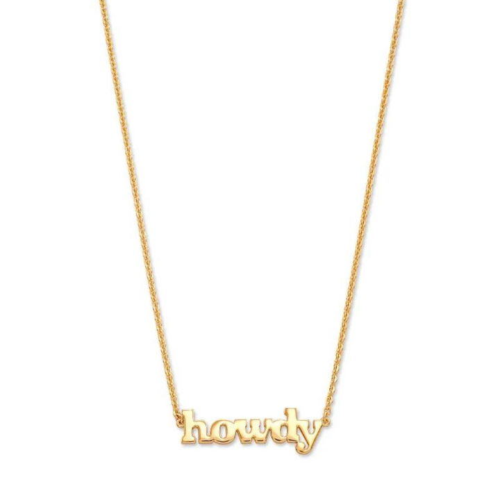 Gold chain necklace with gold "HOWDY" pendant pictured on a white background. 