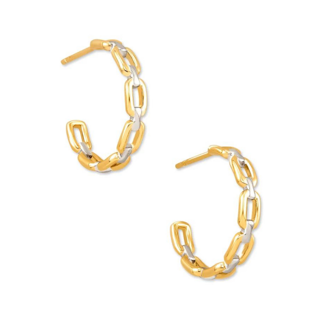 Gold chain hoop earrings with silver chain links. These earrings are pictured on a white background. 