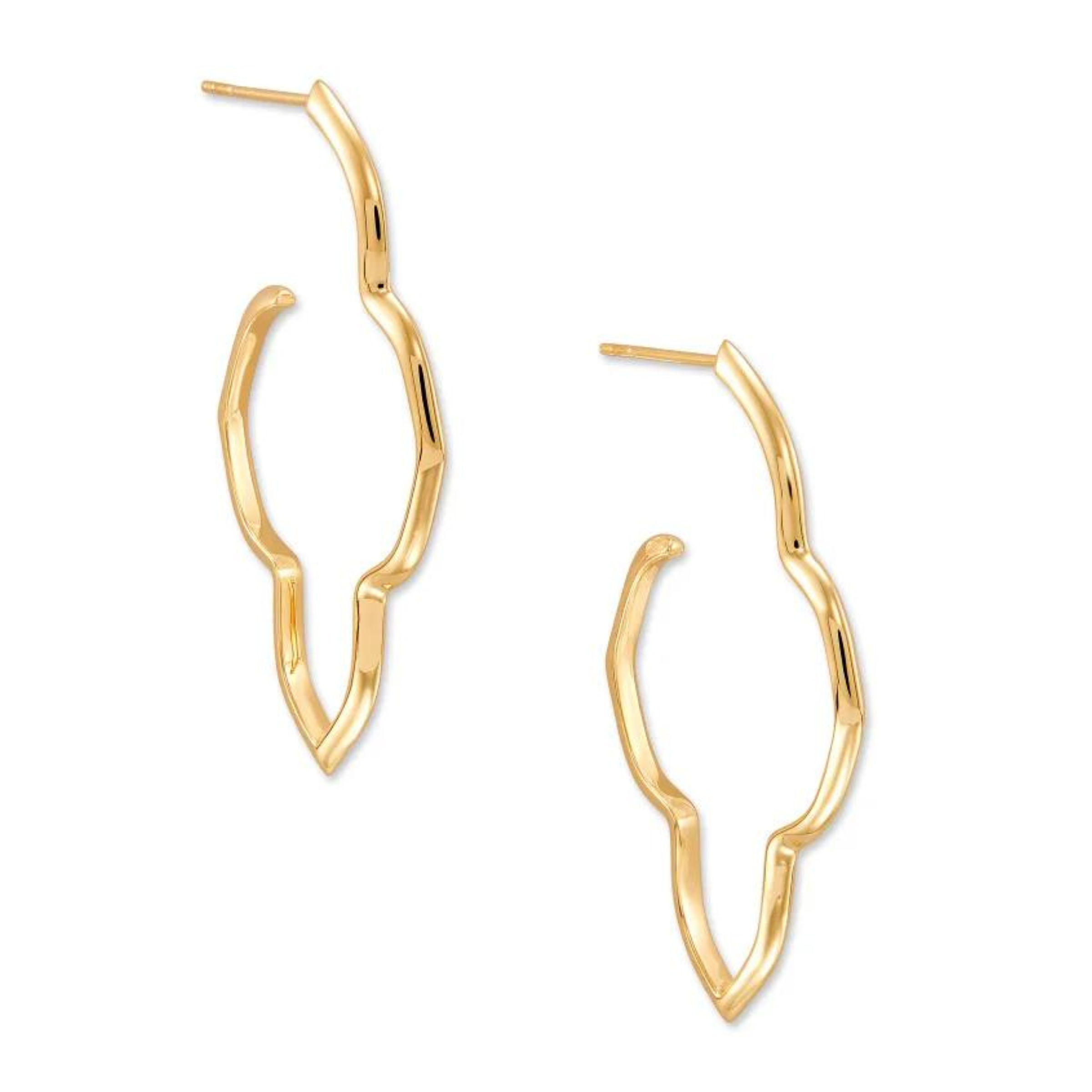 Gold Kendra Scott Medallion hoop earrings pictured on a white background. 