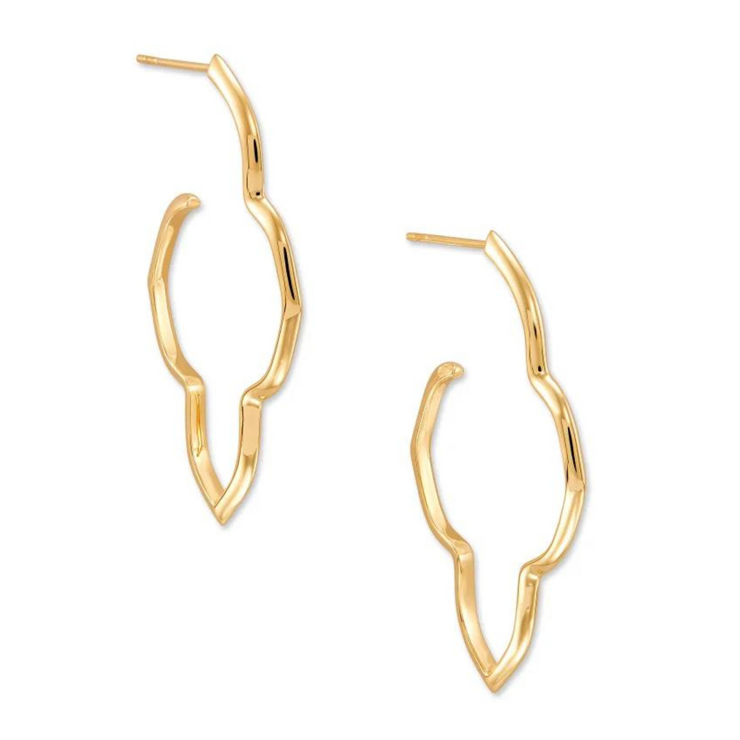 Gold Kendra Scott Medallion hoop earrings pictured on a white background. 