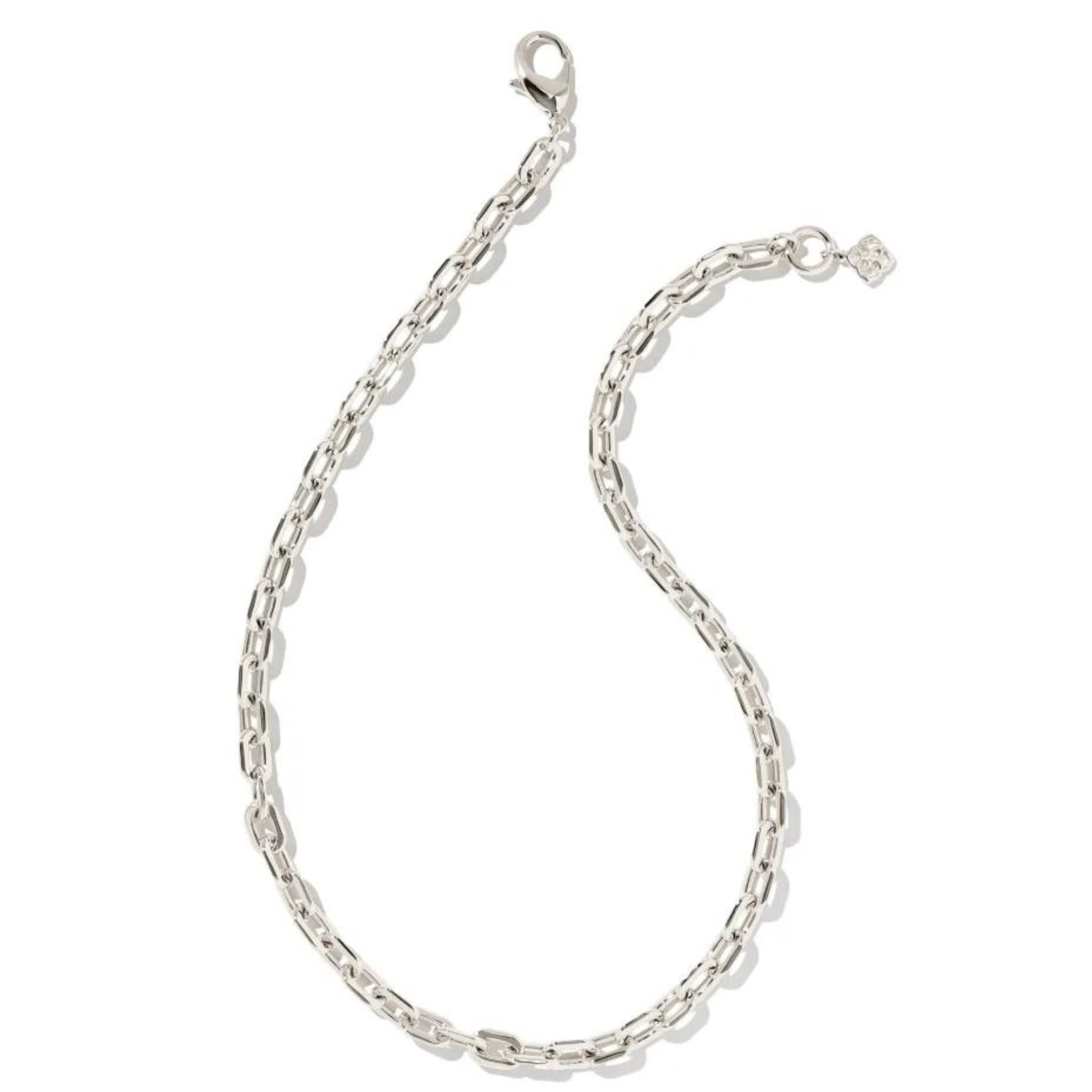 Silver chain necklace pictured on a white background. 