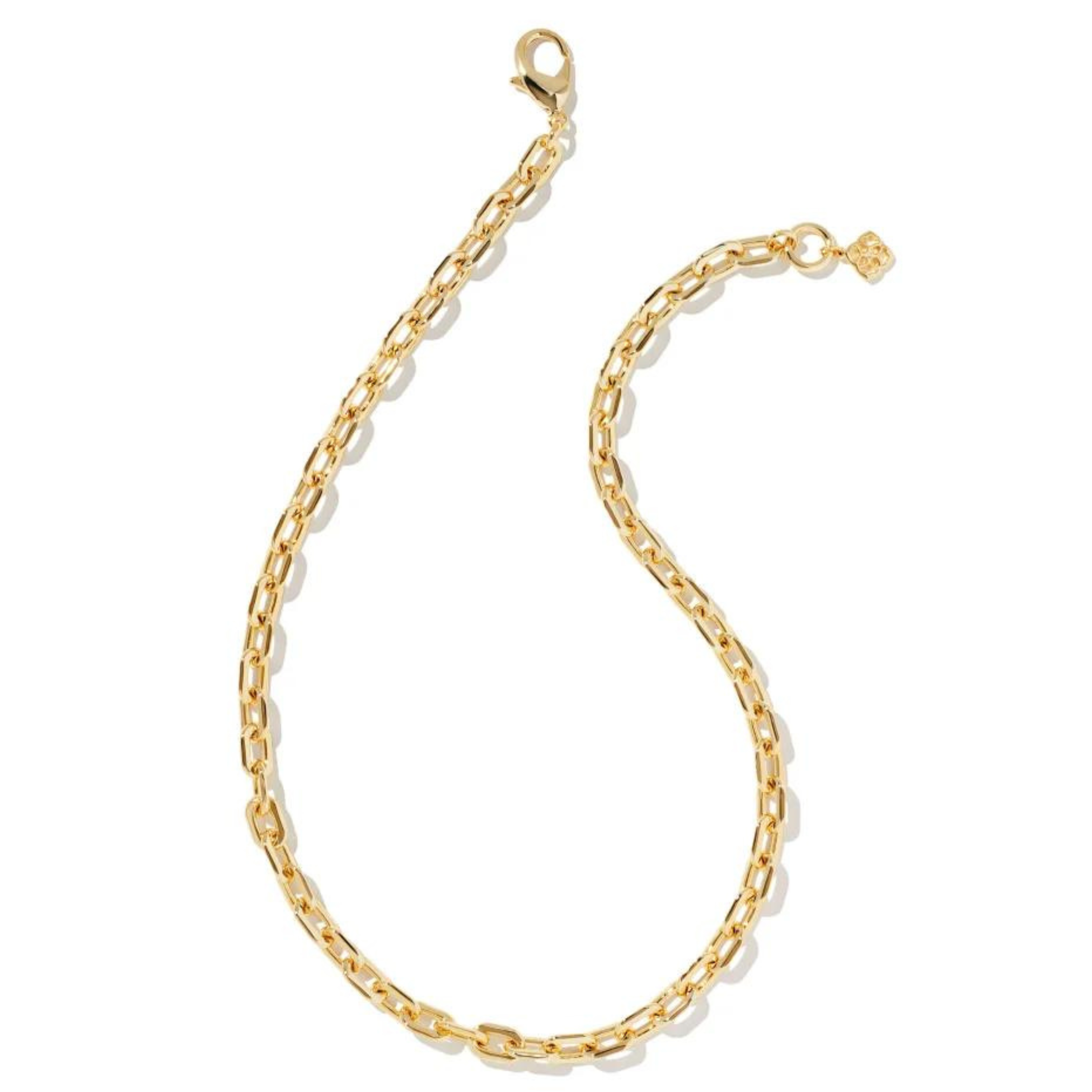Gold chain necklace pictured on a white background. 