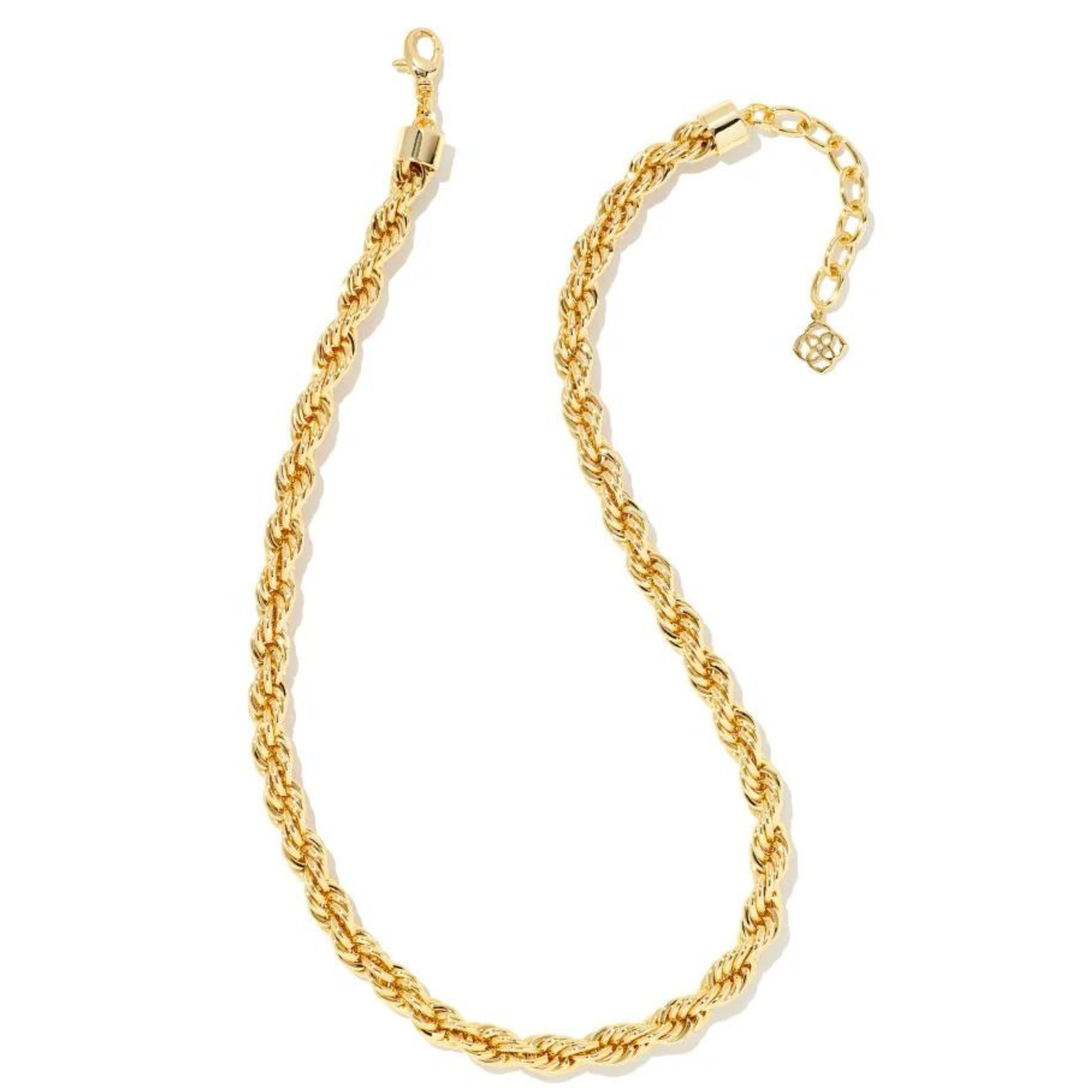 Gold rope chain necklace pictured on a white background. 