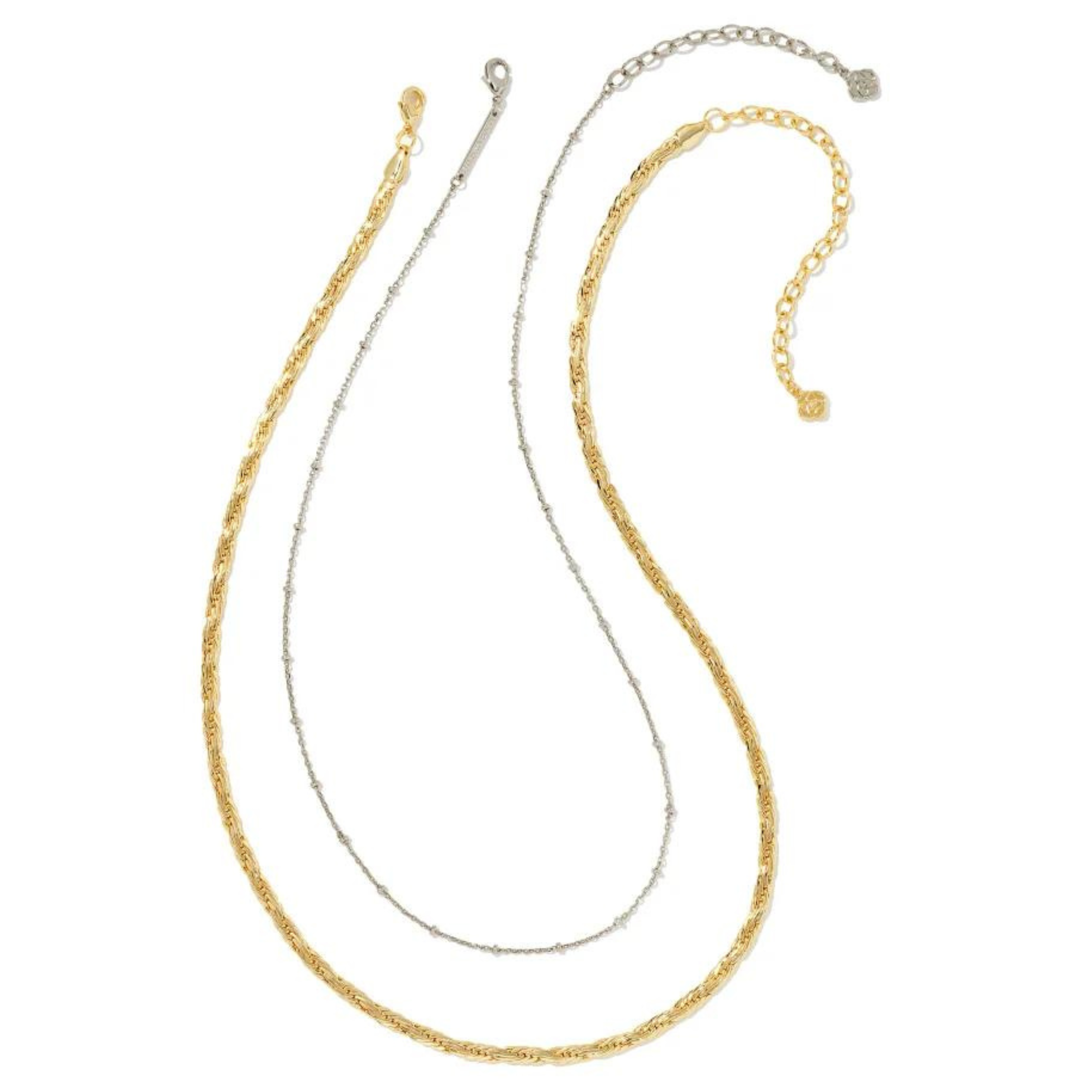 Two chain necklaces, one silver and one gold, pictured on a white background. 