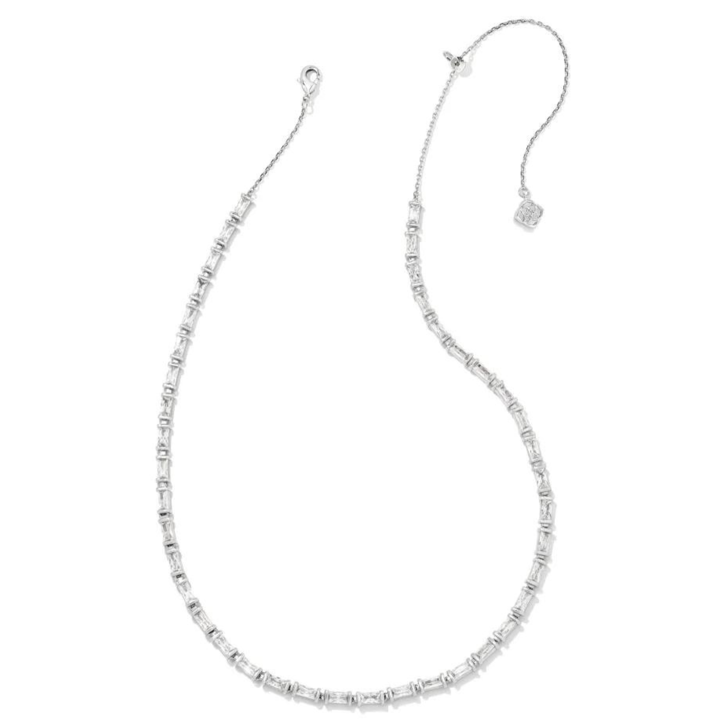 Rectangle, clear crystal chain necklace pictured on a white background.