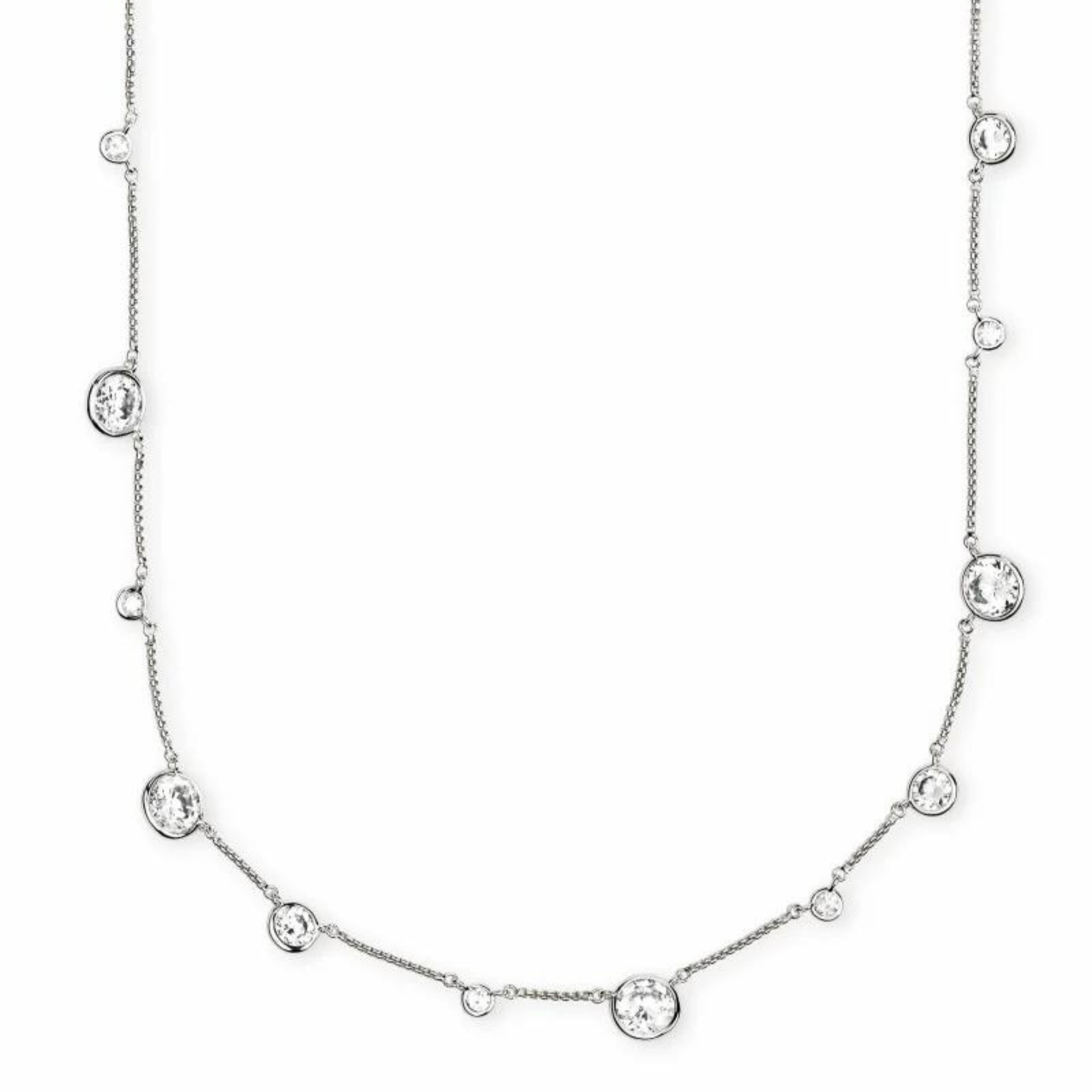 Silver chain necklace with white crystal charms in different shapes. This necklace is pictured on a white background.