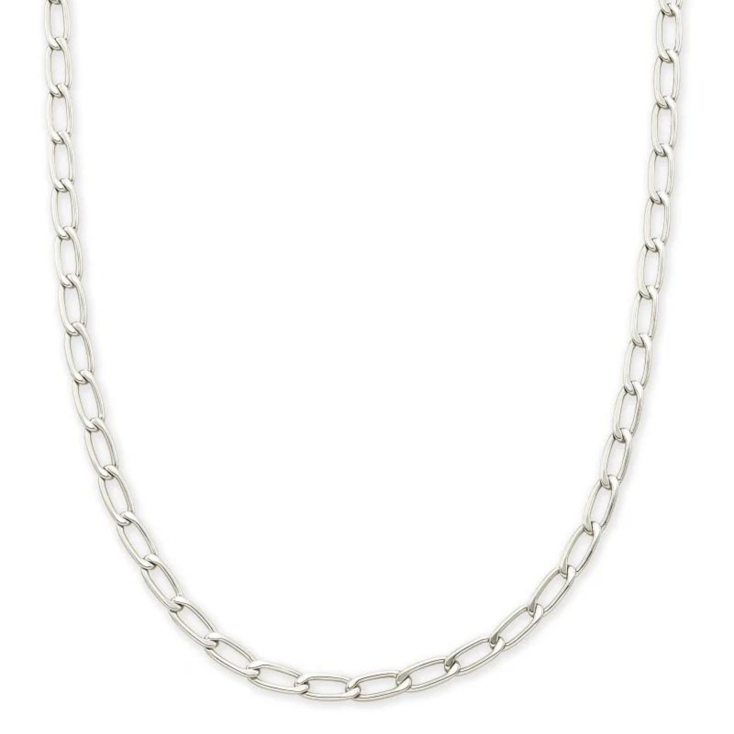 Silver chain necklace pictured on a white background.