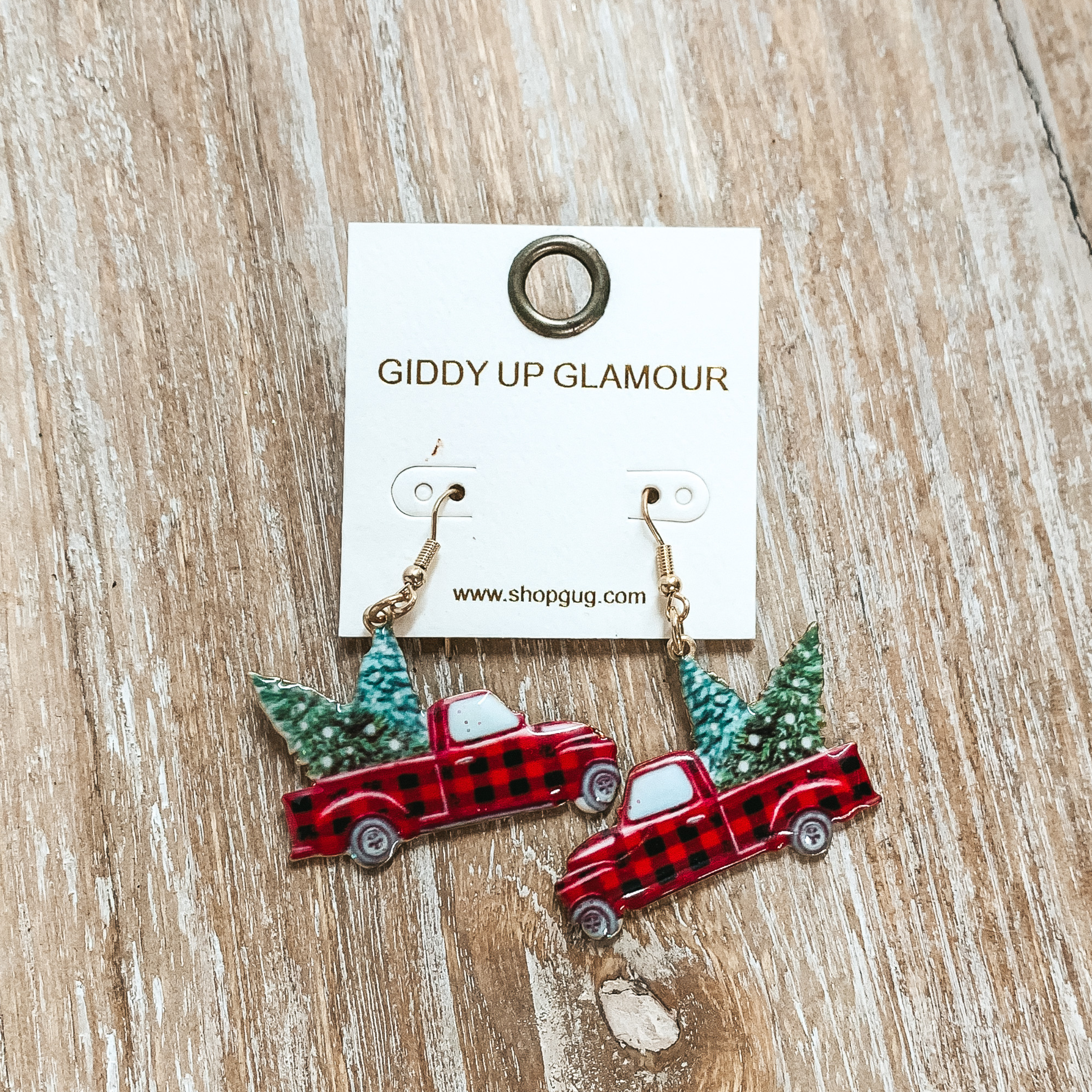 Gold Tone Fishhook Earrings with Buffalo Plaid Truck and Christmas Tree Pendant - Giddy Up Glamour Boutique