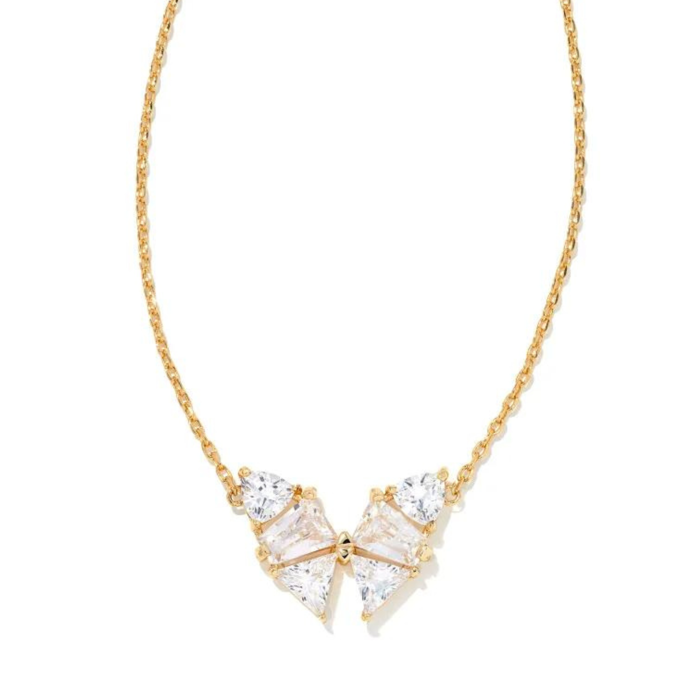 Gold chain necklace with a clear crystal butterfly pendant. This necklace is pictured on a white background. 