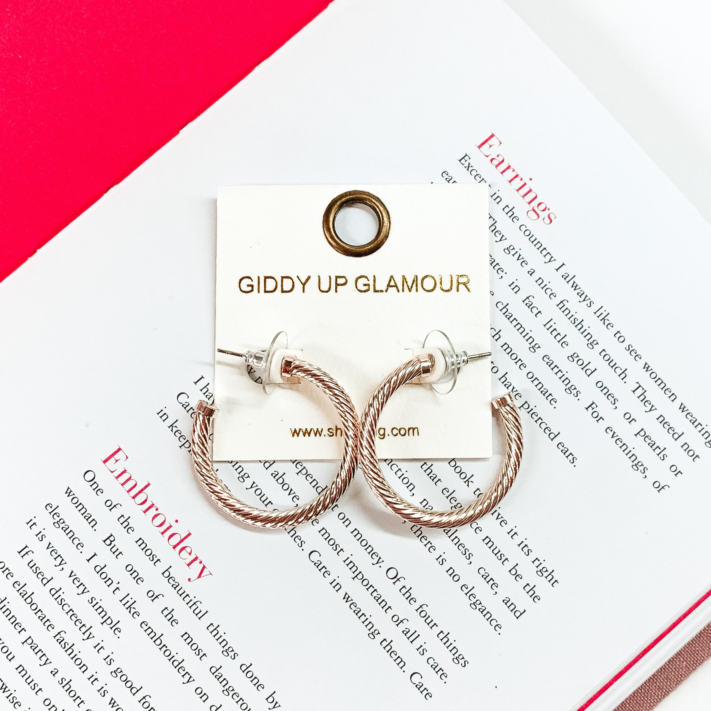 Mettalic beige cable hoop earrings pictured on an open book on a white background. 