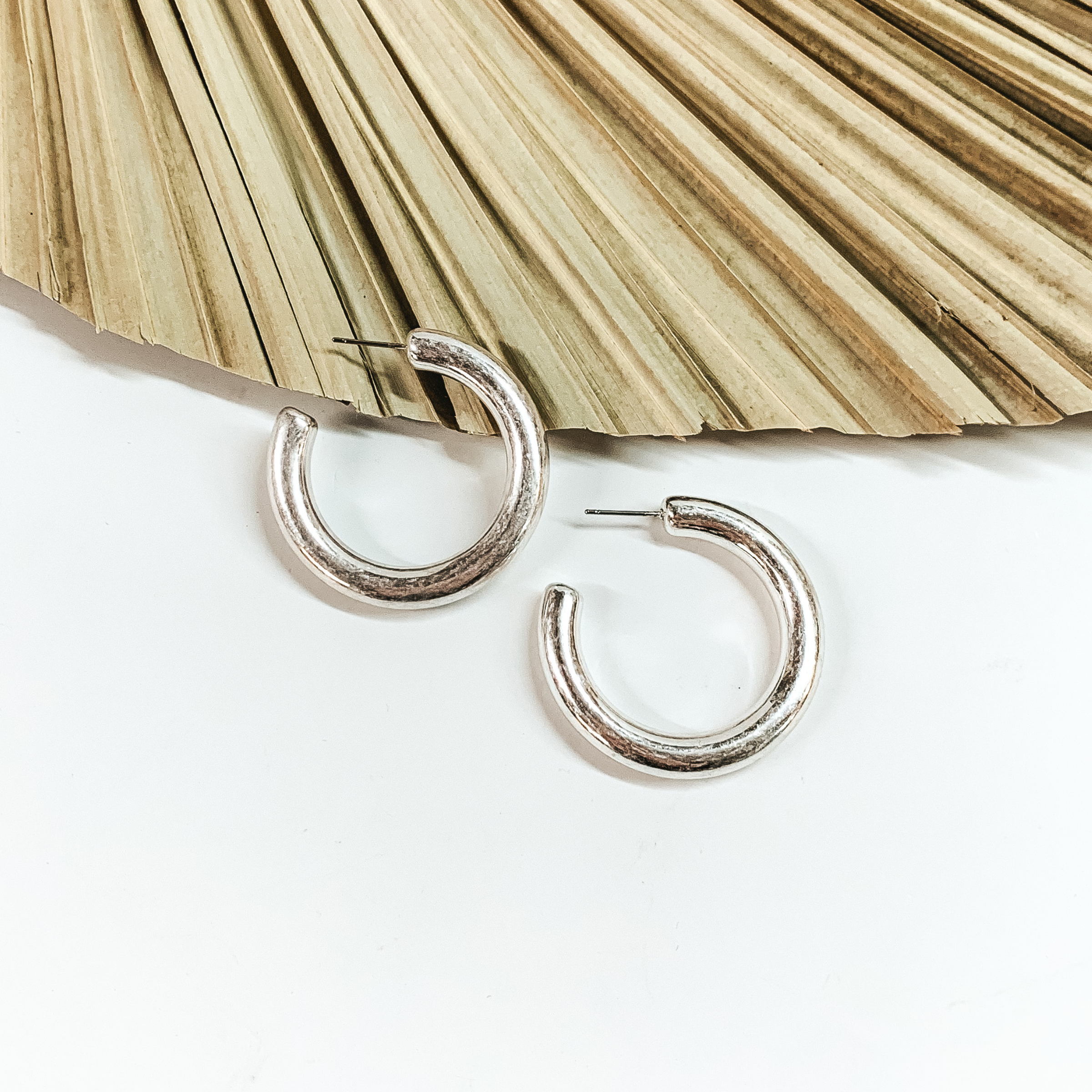 Clean Slate Medium Hoop Earrings in Worn Silver Tone - Giddy Up Glamour Boutique