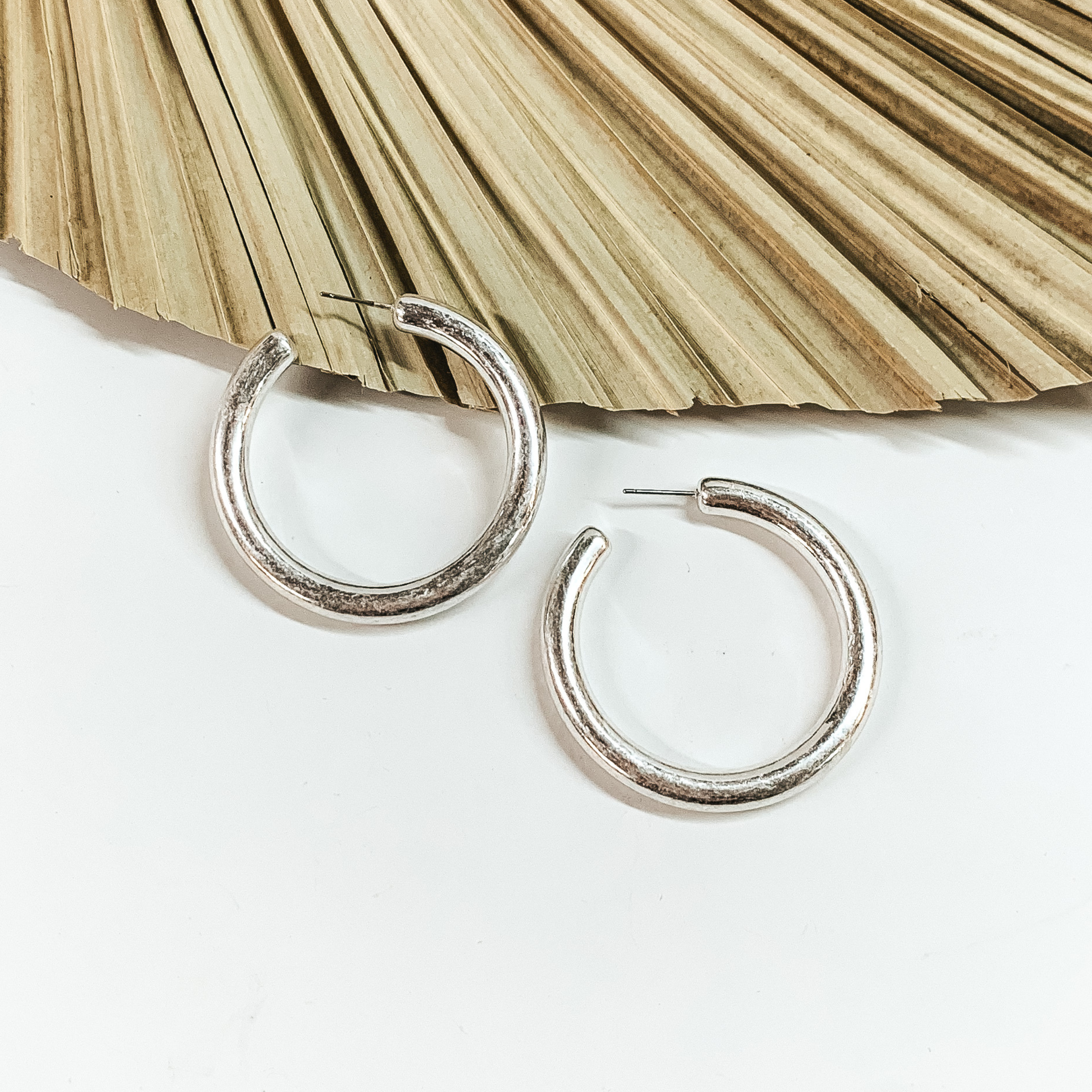 Clean Slate Large Hoop Earrings in Worn Silver Tone - Giddy Up Glamour Boutique