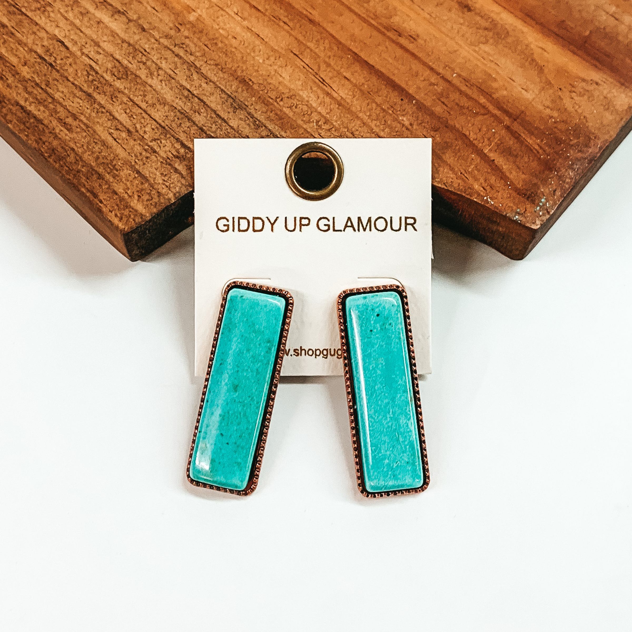 Large Rectangle Faux Stone Copper Tone Earrings in Turquoise - Giddy Up Glamour Boutique