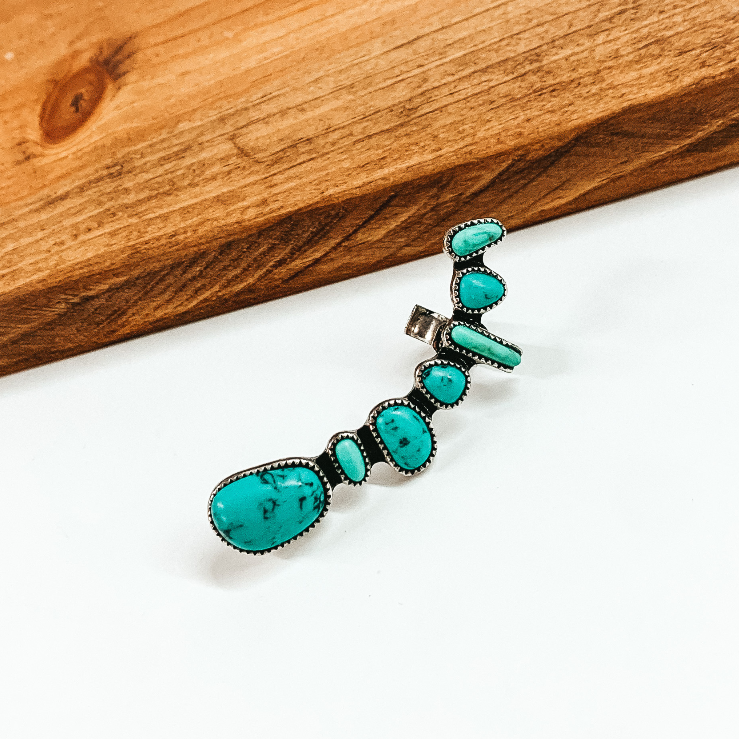 Out of Line Silver Tone Earring Cuff with Faux Stones in Turquoise - Giddy Up Glamour Boutique