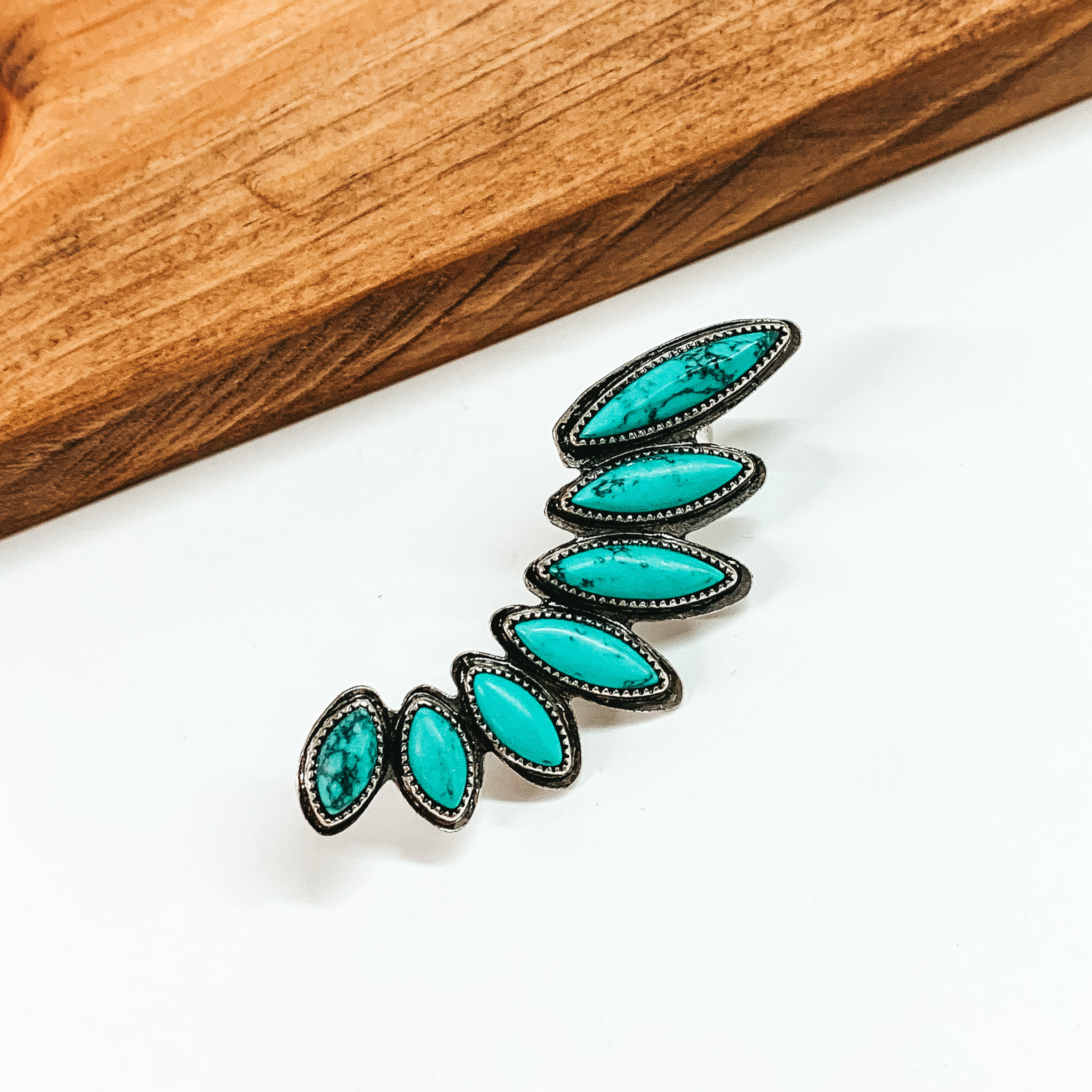 Beyond Obsessed Silver Tone Earring Cuff with Faux Stones in Turquoise - Giddy Up Glamour Boutique