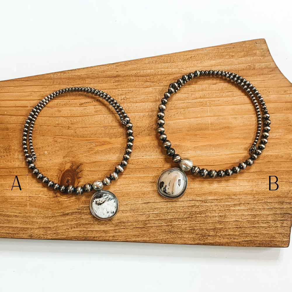 Tony Yazzie | Navajo Handmade Sterling Silver Navajo Pearl Beaded Wrap Choker Necklace with White Buffalo Stone - Giddy Up Glamour Boutique