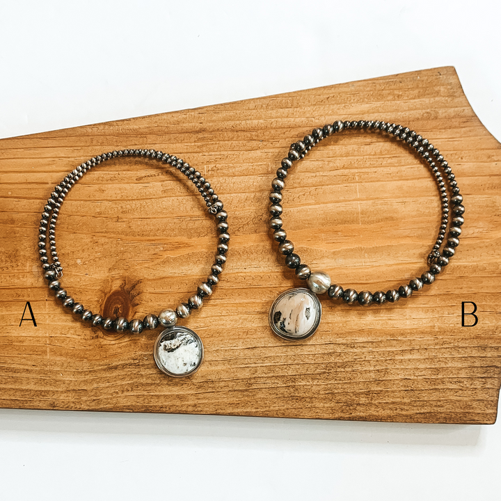 Tony Yazzie | Navajo Handmade Sterling Silver Navajo Pearl Beaded Wrap Choker Necklace with White Buffalo Stone - Giddy Up Glamour Boutique