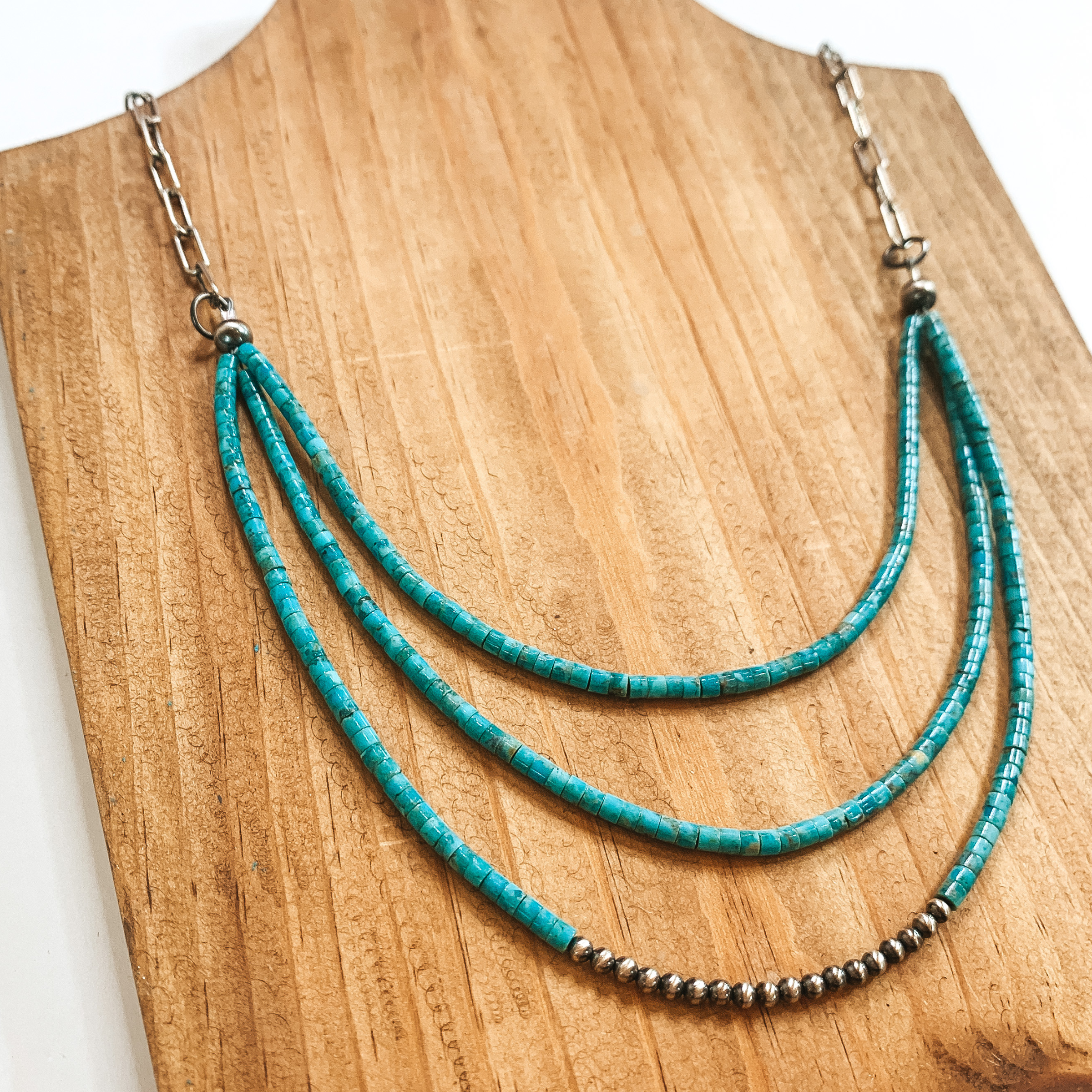 Navajo | Navajo Handmade Sterling Silver Paperclip Chain Necklace with Three Strands of Turquoise Chip Beads and Navajo Pearls - Giddy Up Glamour Boutique