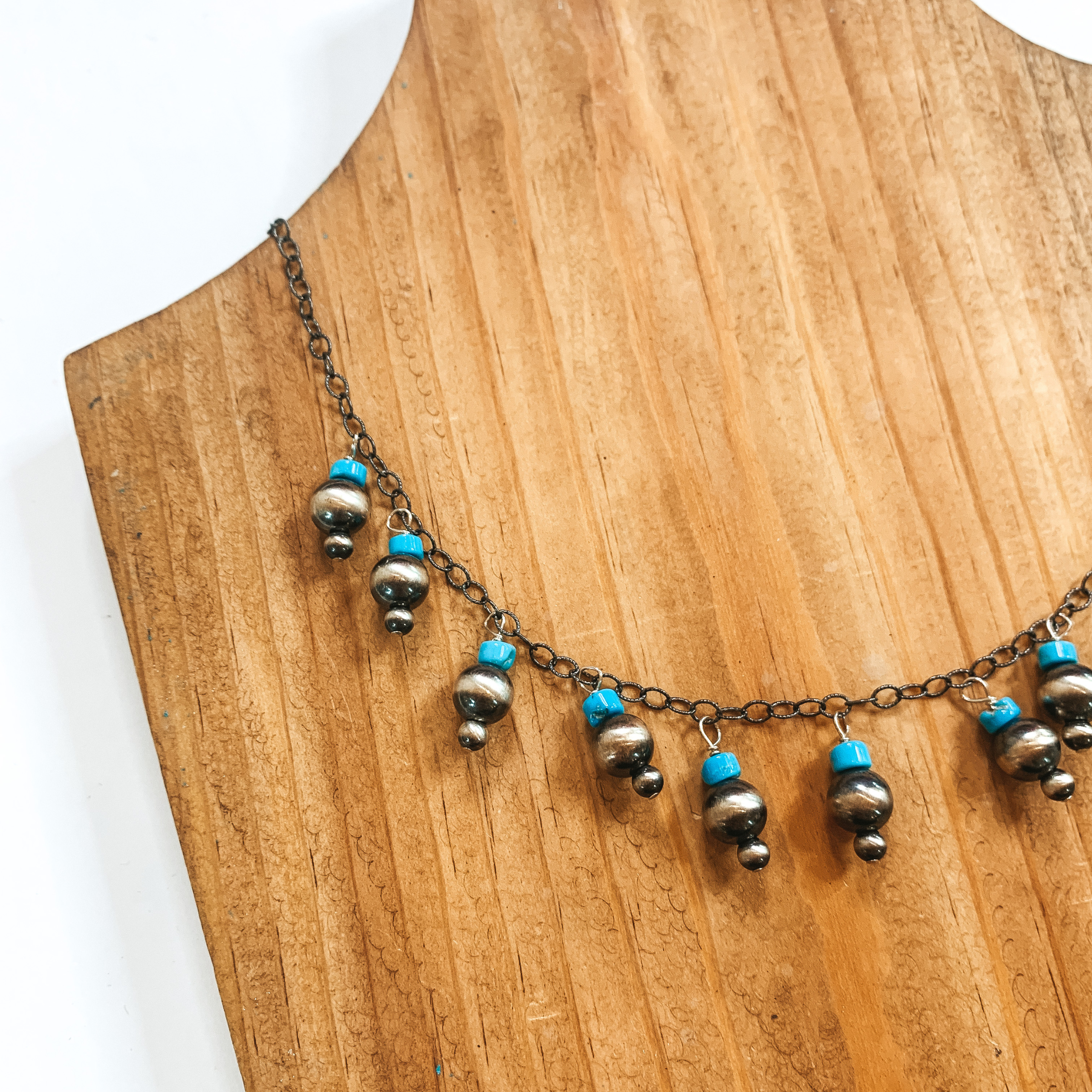 Mason Lee | Navajo Handmade Sterling Silver Chain Necklace with Kingman Turquoise and Navajo Pearl Charms - Giddy Up Glamour Boutique