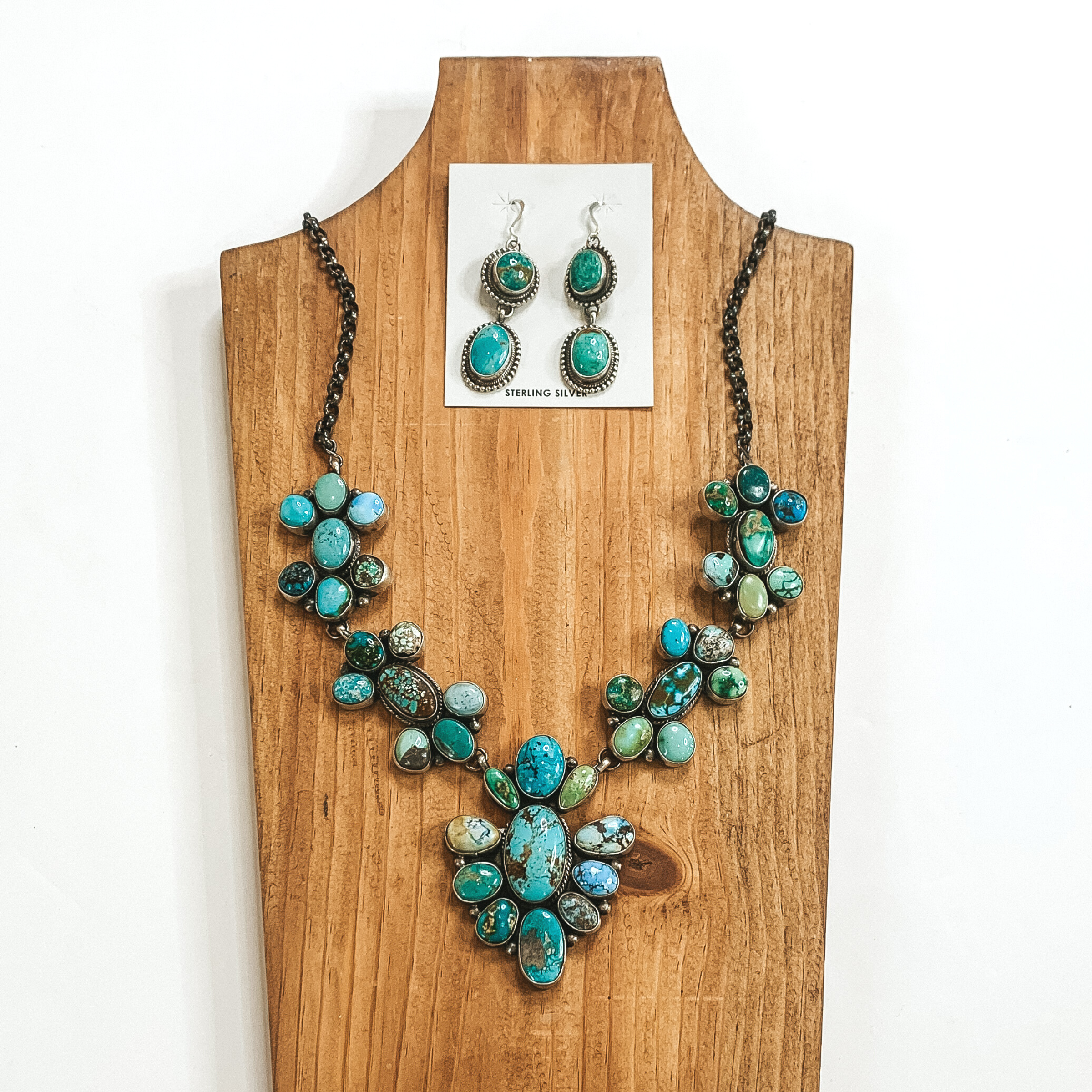Jeff James | Navajo Handmade Sterling Silver Necklace with Kingman, Royston, and Golden Hills Turquoise Stones + Matching Earrings - Giddy Up Glamour Boutique