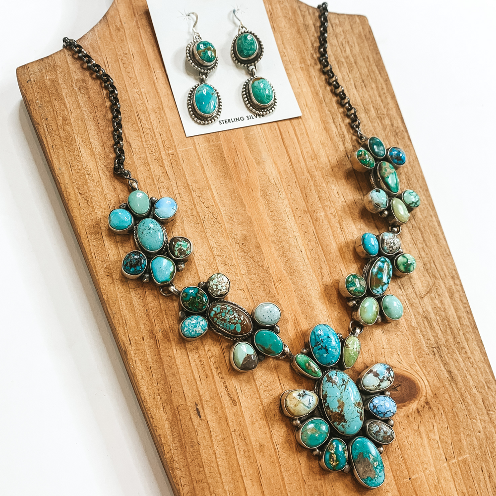 Jeff James | Navajo Handmade Sterling Silver Necklace with Kingman, Royston, and Golden Hills Turquoise Stones + Matching Earrings - Giddy Up Glamour Boutique