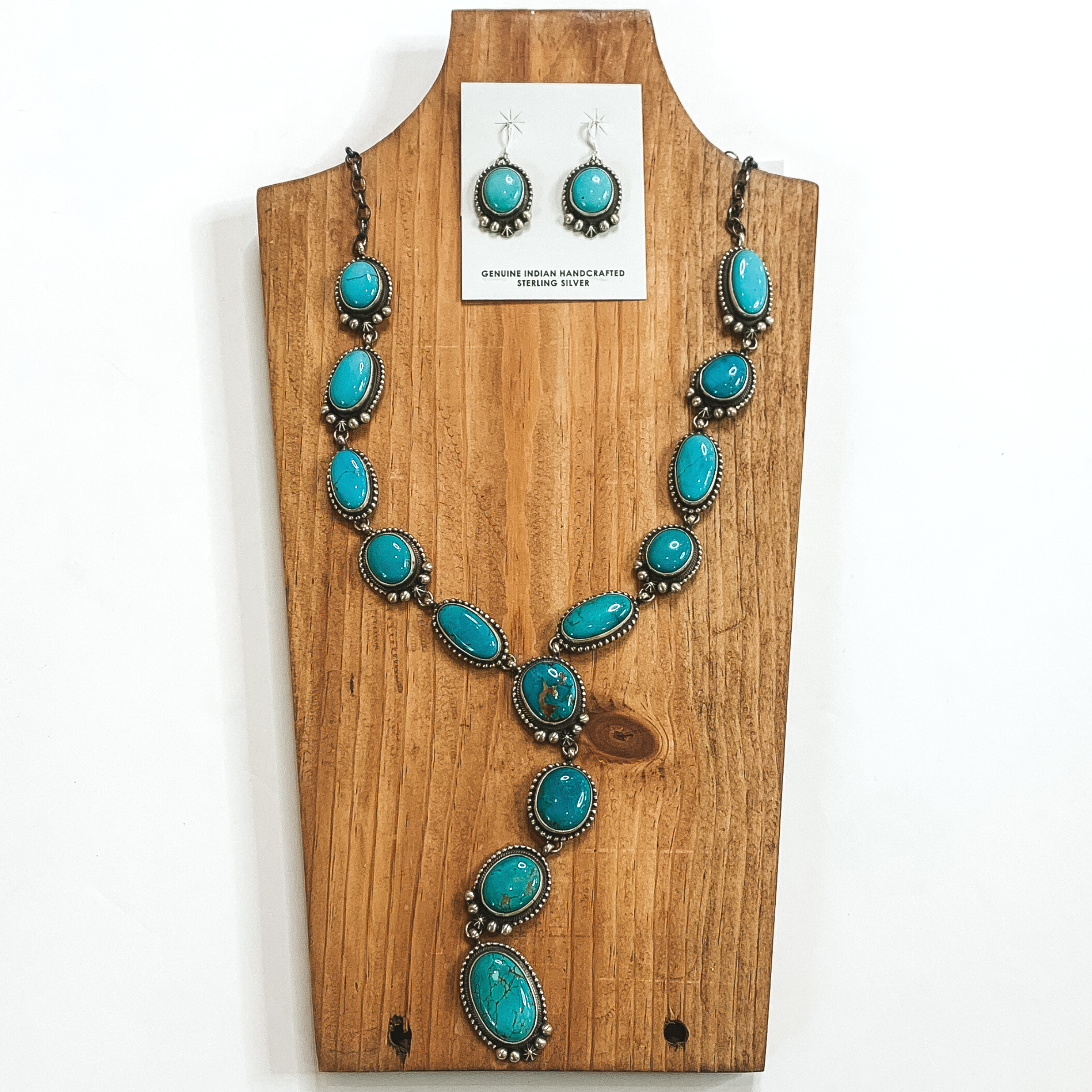 Dave Skeets | Navajo Handmade Sterling Silver and Royston Turquoise Lariat Necklace + Matching Earrings - Giddy Up Glamour Boutique