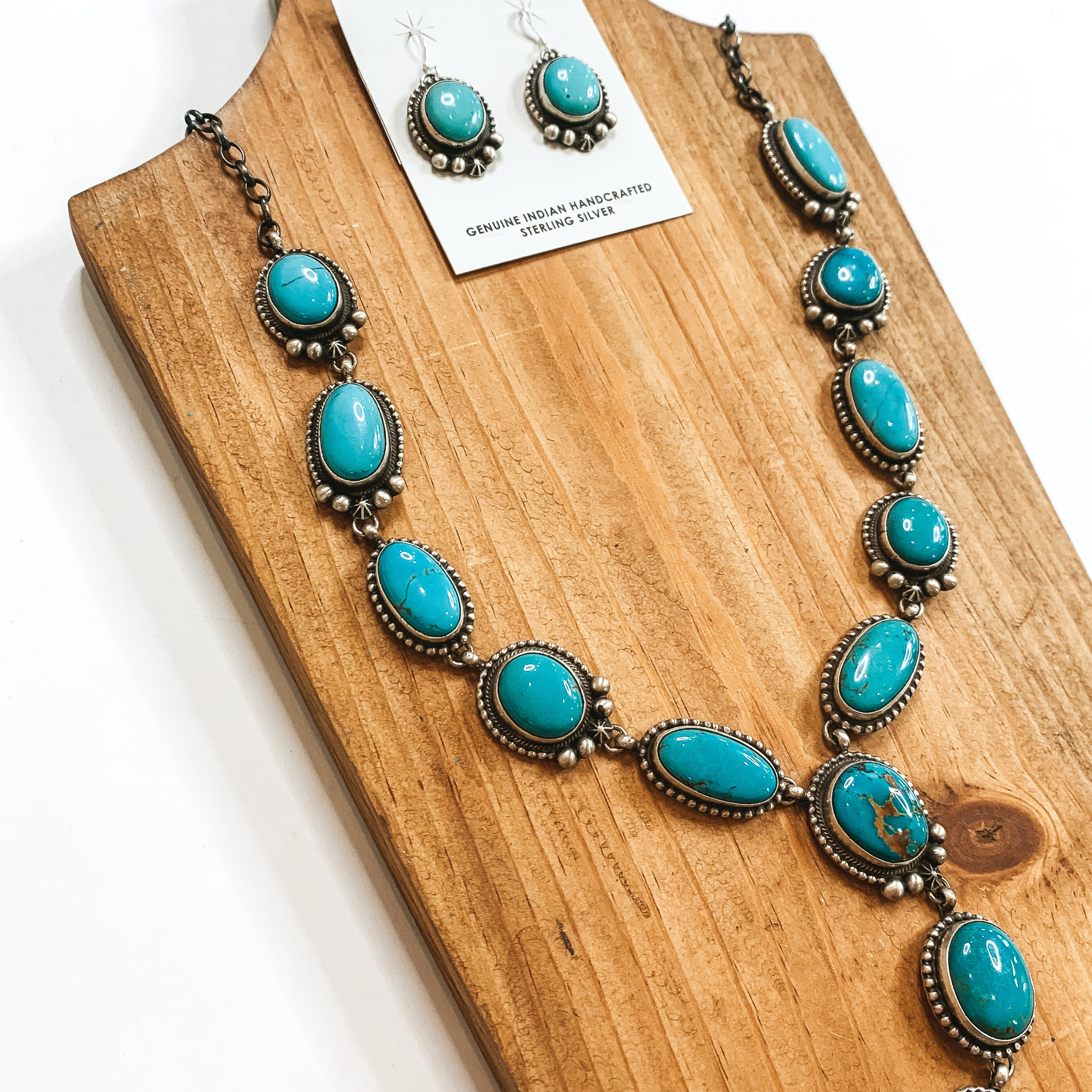 Dave Skeets | Navajo Handmade Sterling Silver and Royston Turquoise Lariat Necklace + Matching Earrings - Giddy Up Glamour Boutique