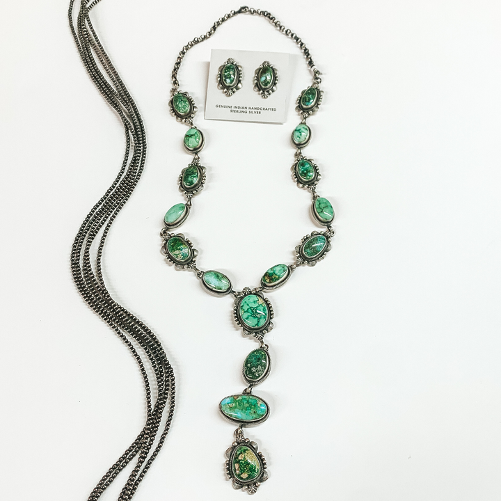 Eli Skeets | Navajo Handmade Sterling Silver and Sonoran Gold Turquoise Lariat Necklace + Matching Earrings - Giddy Up Glamour Boutique