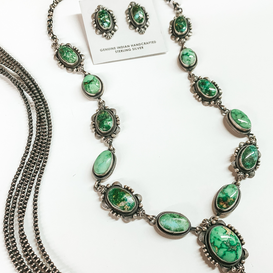 Eli Skeets | Navajo Handmade Sterling Silver and Sonoran Gold Turquoise Lariat Necklace + Matching Earrings - Giddy Up Glamour Boutique