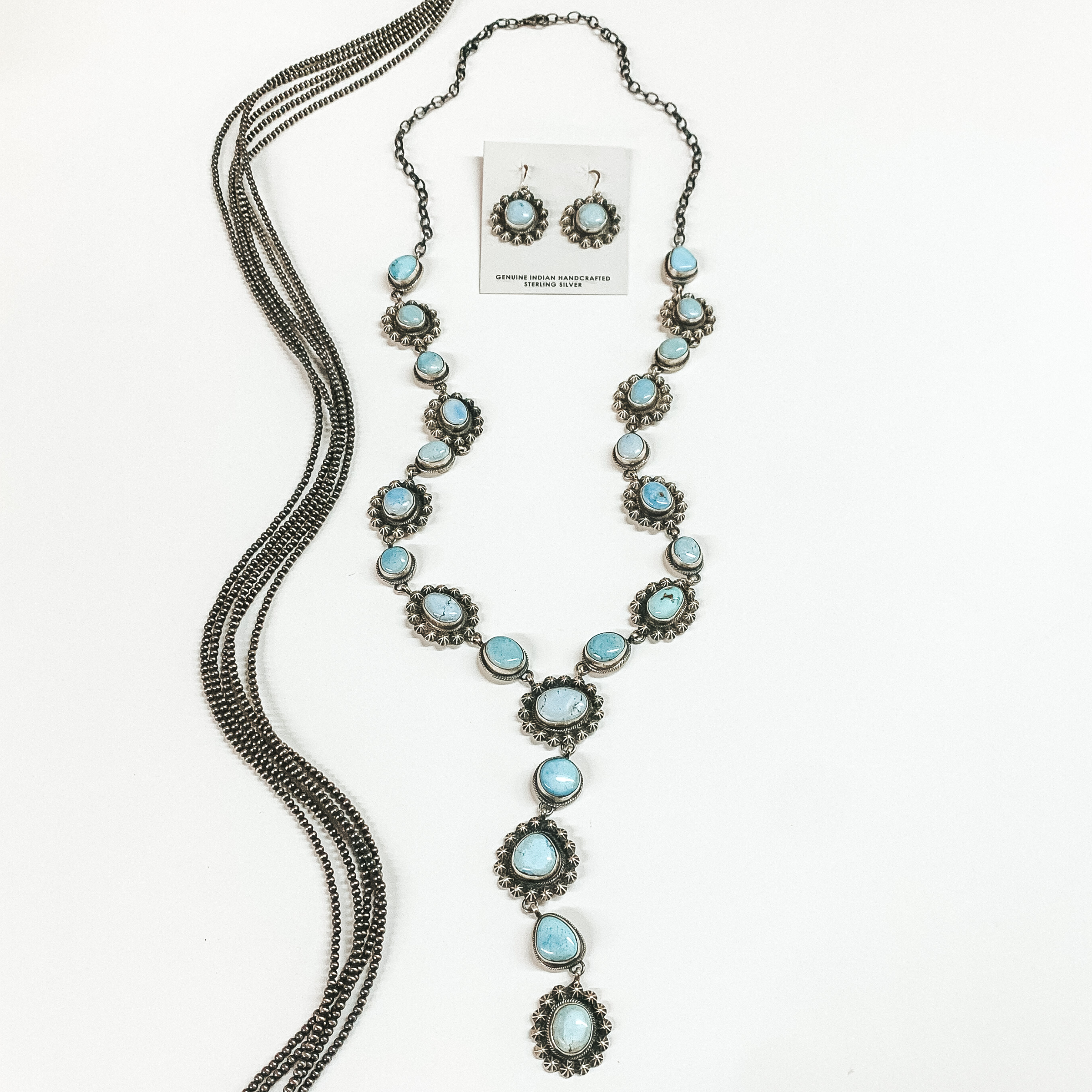 Dave Skeets | Navajo Handmade Sterling Silver & Golden Hills Turquoise Stones Lariat Necklace + Matching Earrings - Giddy Up Glamour Boutique