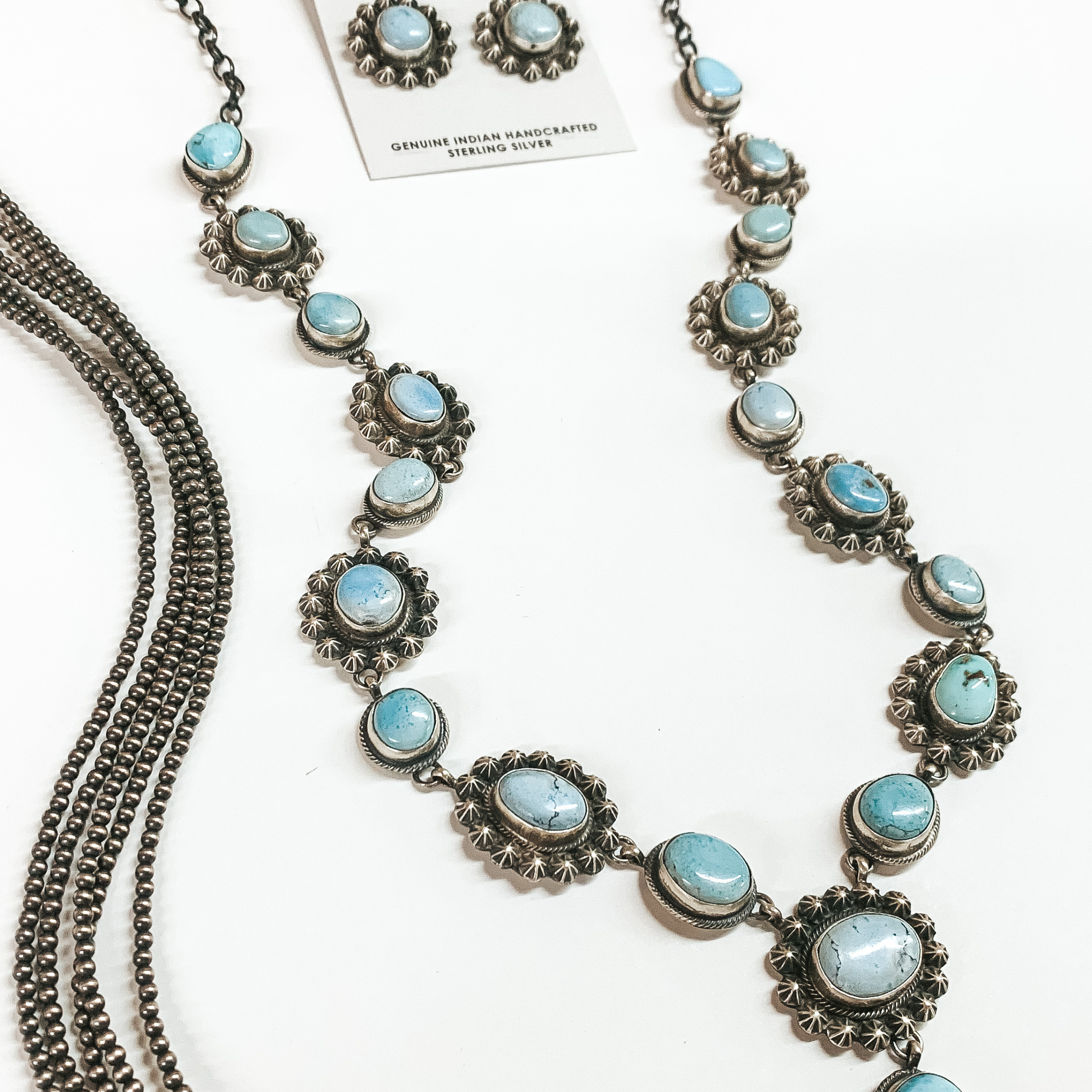Dave Skeets | Navajo Handmade Sterling Silver & Golden Hills Turquoise Stones Lariat Necklace + Matching Earrings - Giddy Up Glamour Boutique
